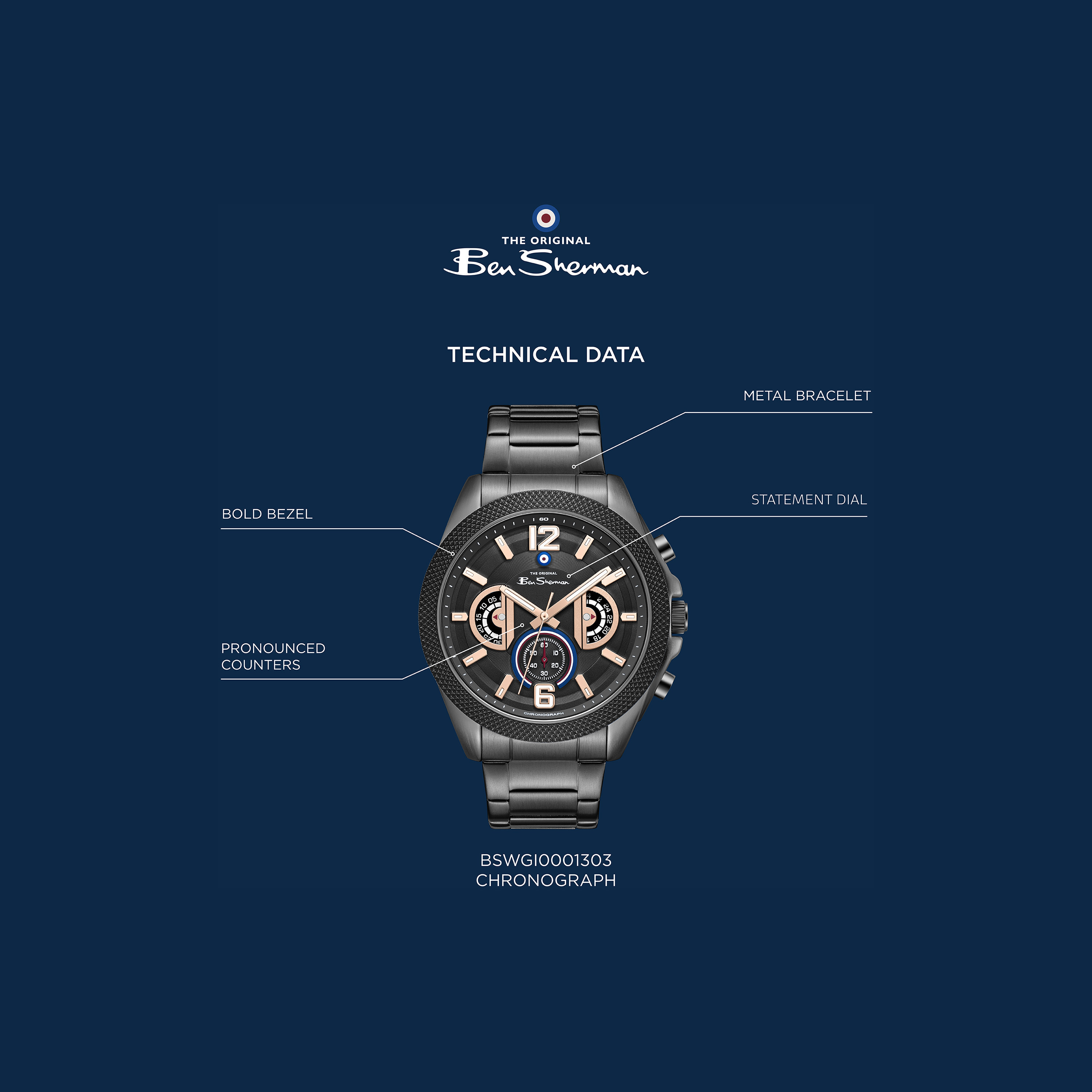 ساعة بن شيرمان رجالية سوداء دائرية 44 مم كرونوغراف | BSWGI0001303-men-watchesandjewellery-watches-image-5