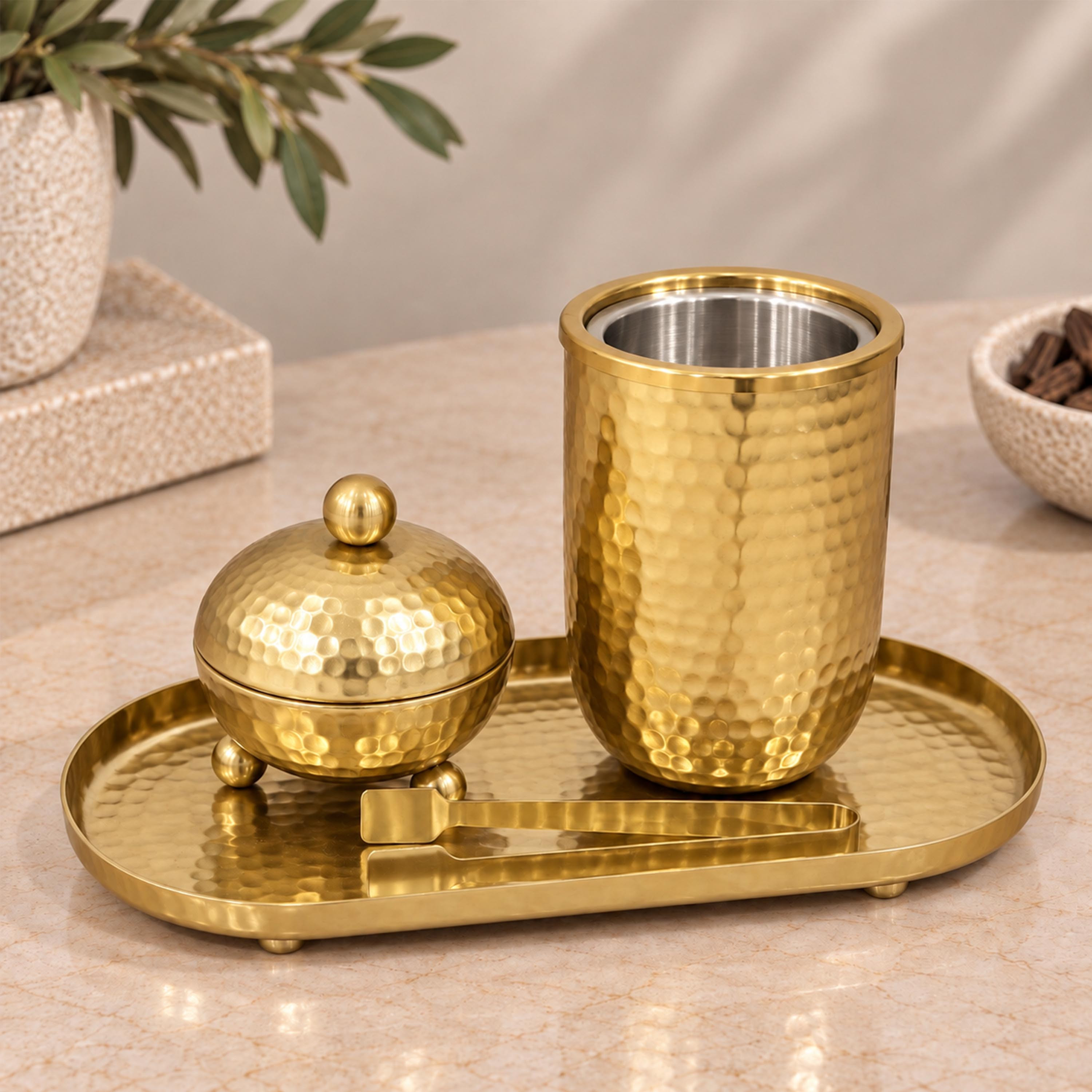 Crafted By Lifestyle Textured Aluminium Bukhoor Burner Set With Tray & Tongs-household-homefragrance-burners-image-1
