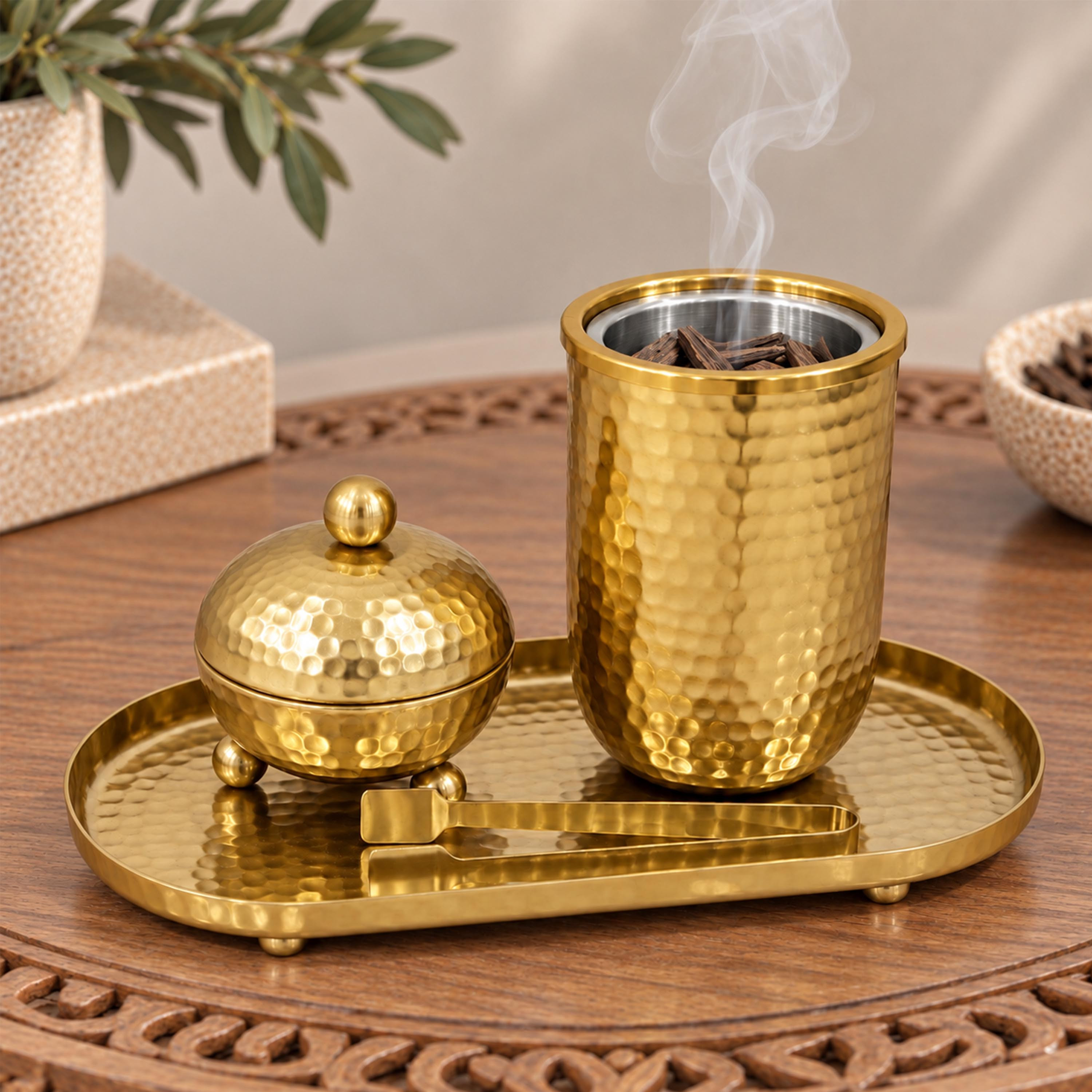 Crafted By Lifestyle Textured Aluminium Bukhoor Burner Set With Tray & Tongs-household-homefragrance-burners-image-3