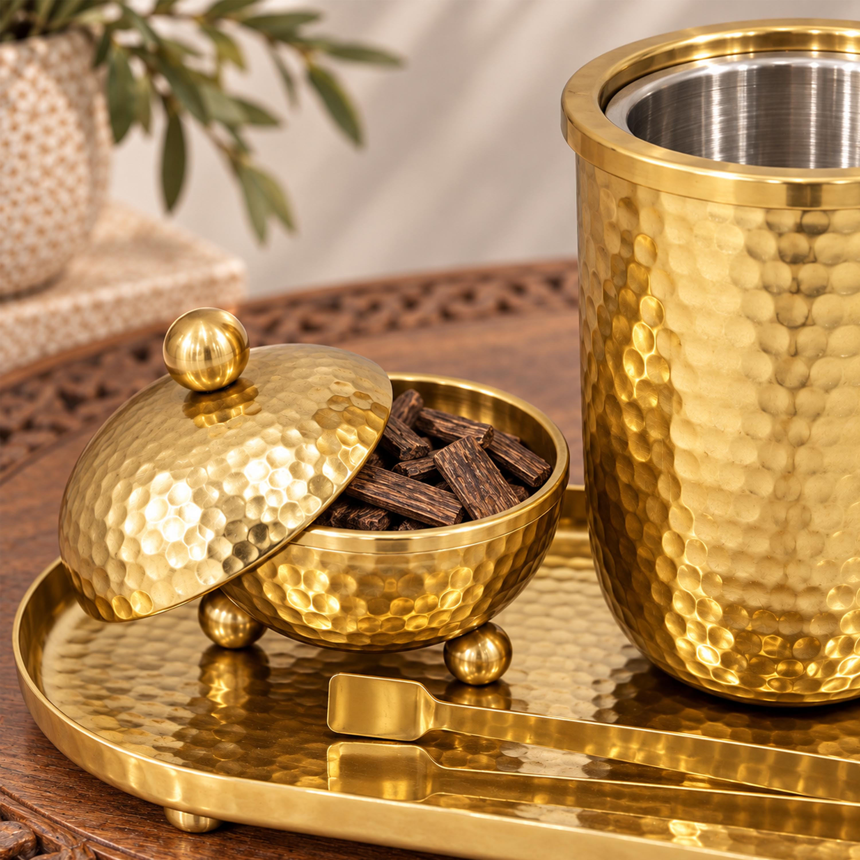 Crafted By Lifestyle Textured Aluminium Bukhoor Burner Set With Tray & Tongs-household-homefragrance-burners-image-4
