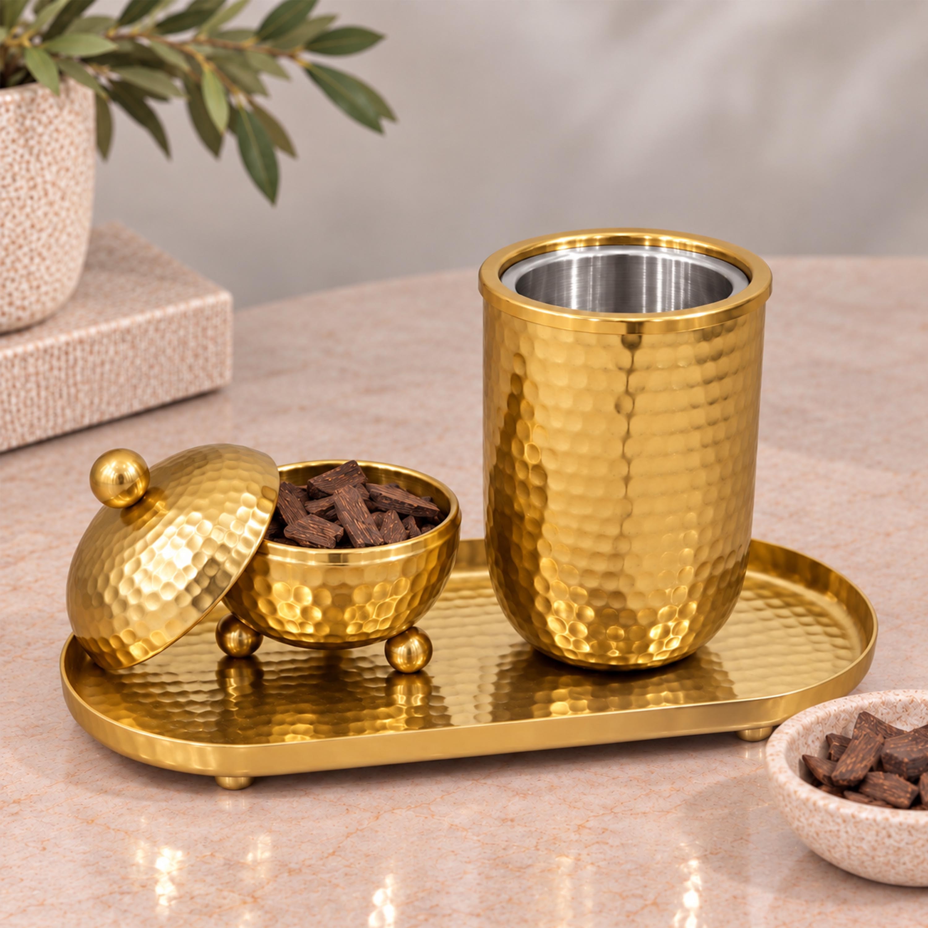 Crafted By Lifestyle Textured Aluminium Bukhoor Burner Set With Tray & Tongs-household-homefragrance-burners-image-5