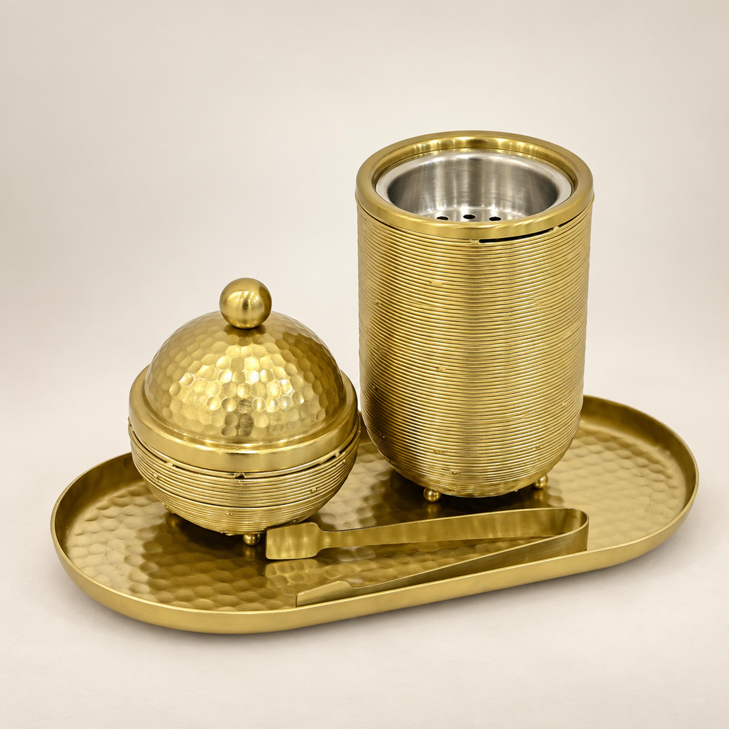 Crafted By Lifestyle Elegant Aluminium Bukhoor Burner Set With Tray & Tongs - Gold-household-homefragrance-burners-image-1