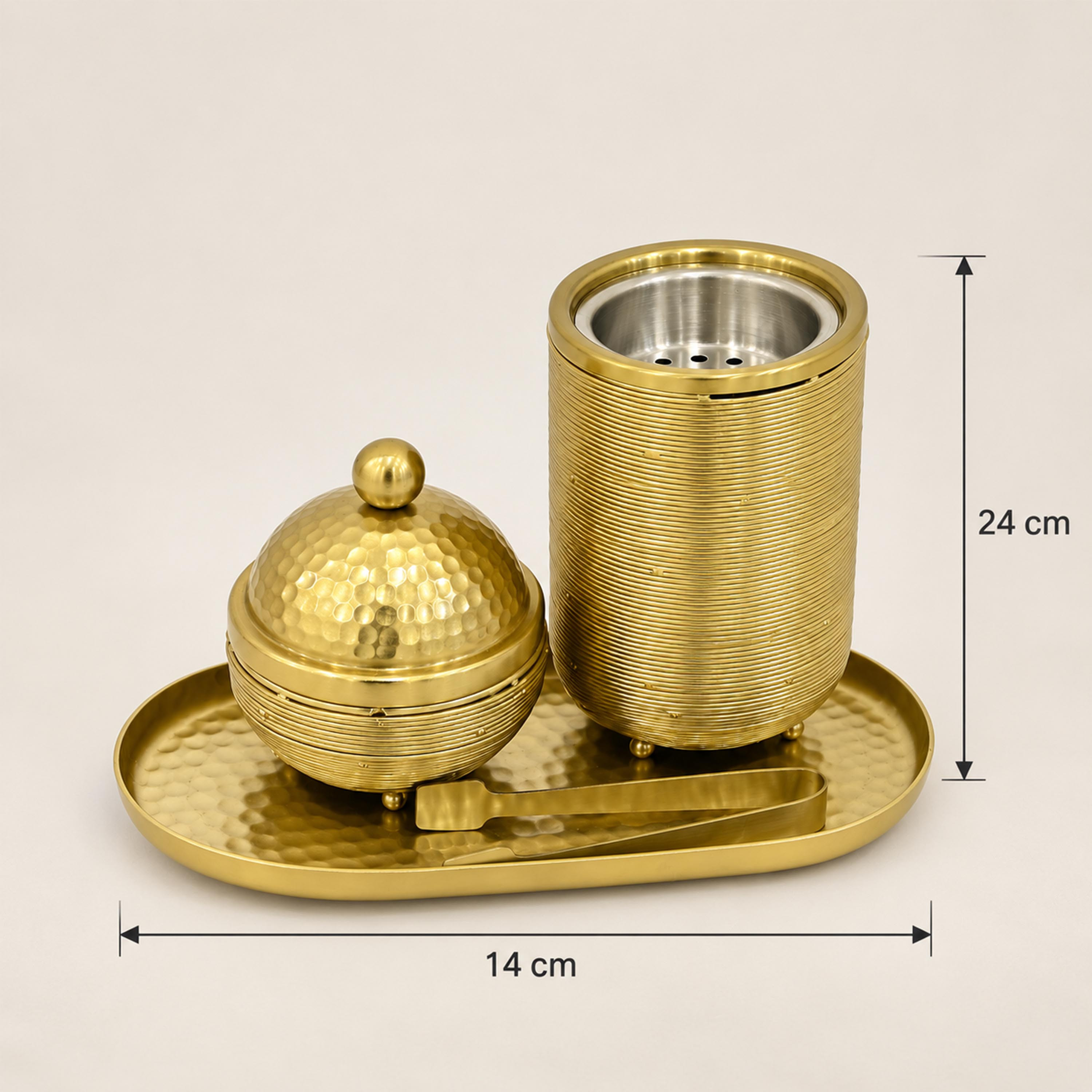 Crafted By Lifestyle Elegant Aluminium Bukhoor Burner Set With Tray & Tongs - Gold-household-homefragrance-burners-image-2