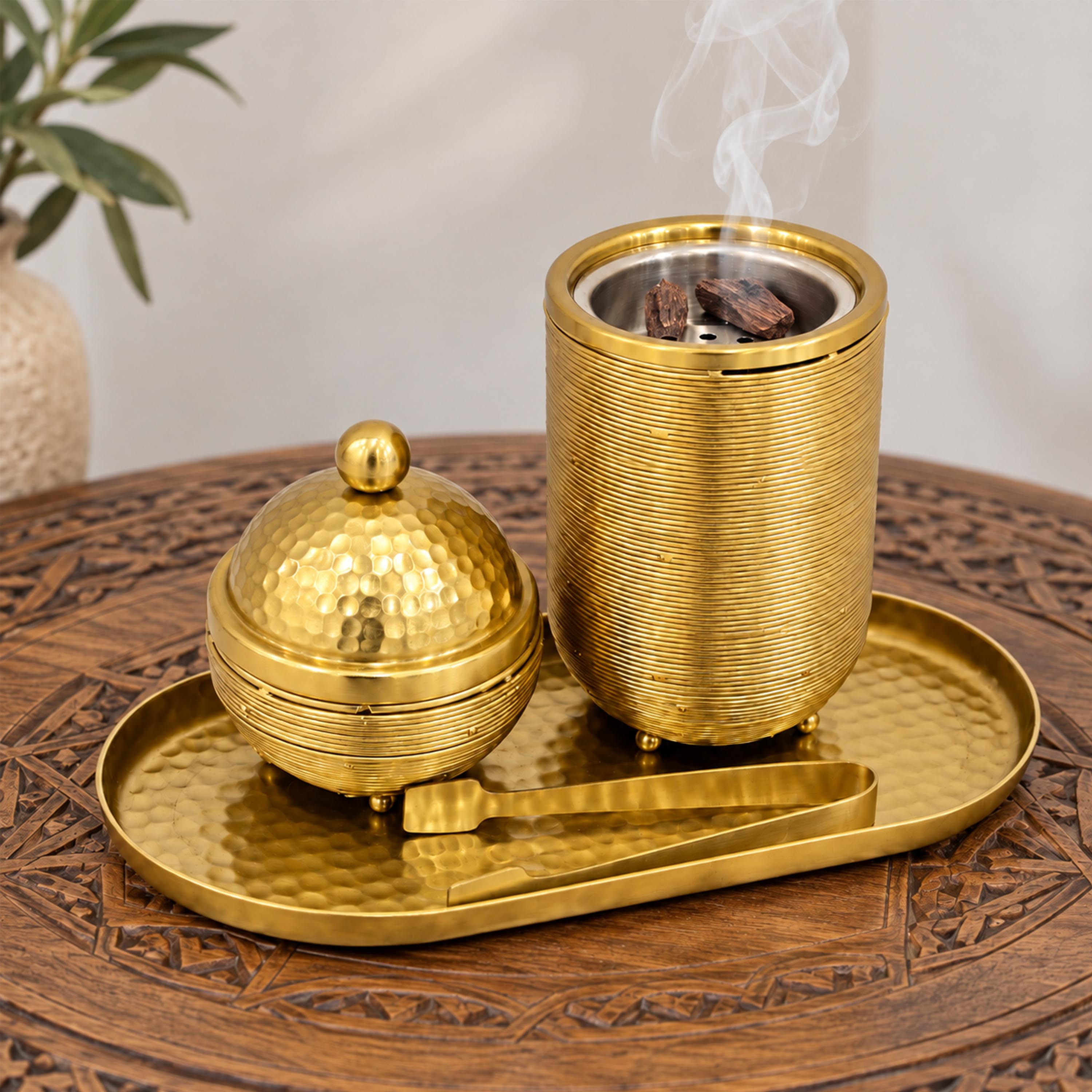 Crafted By Lifestyle Elegant Aluminium Bukhoor Burner Set With Tray & Tongs - Gold-household-homefragrance-burners-image-3