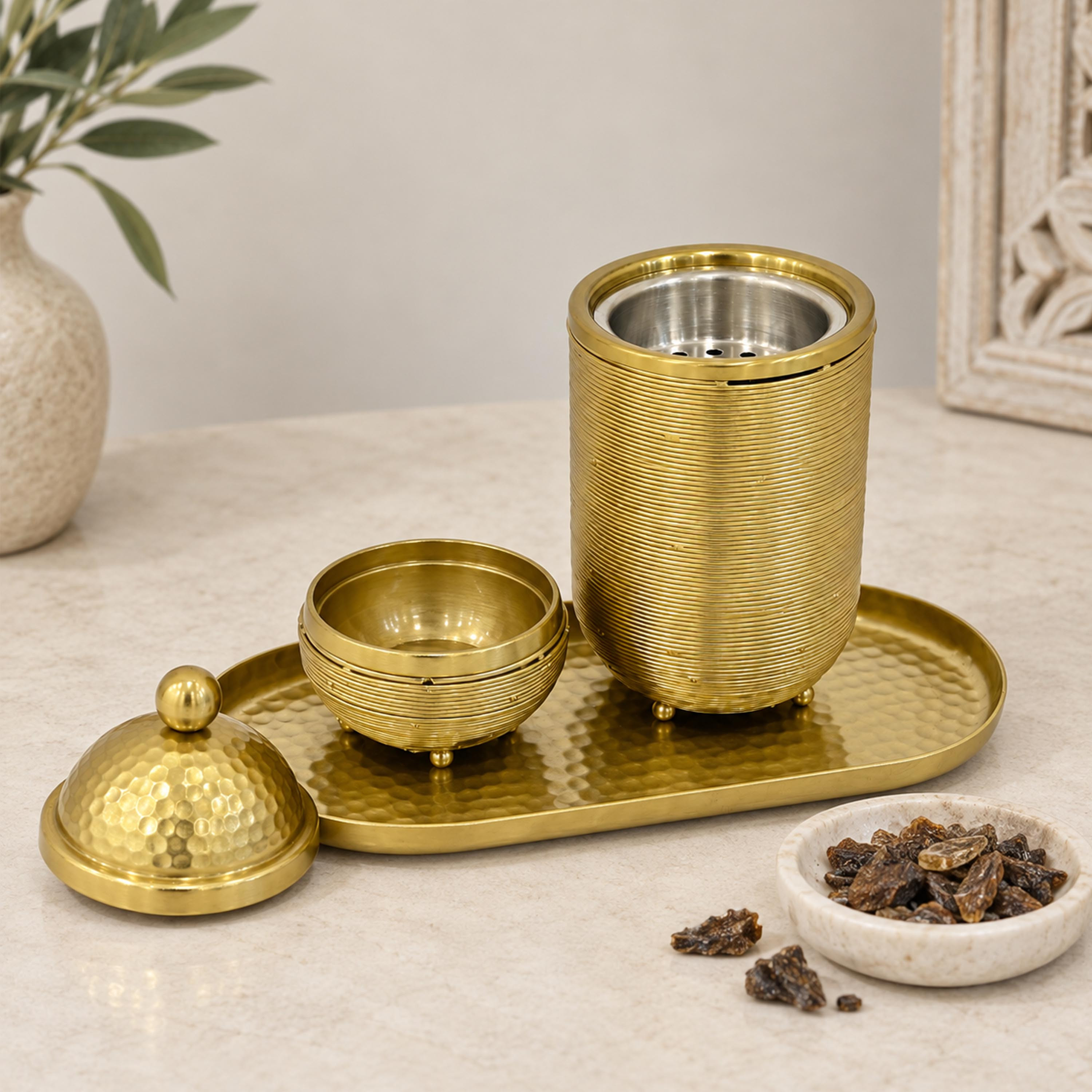 Crafted By Lifestyle Elegant Aluminium Bukhoor Burner Set With Tray & Tongs - Gold-household-homefragrance-burners-image-5