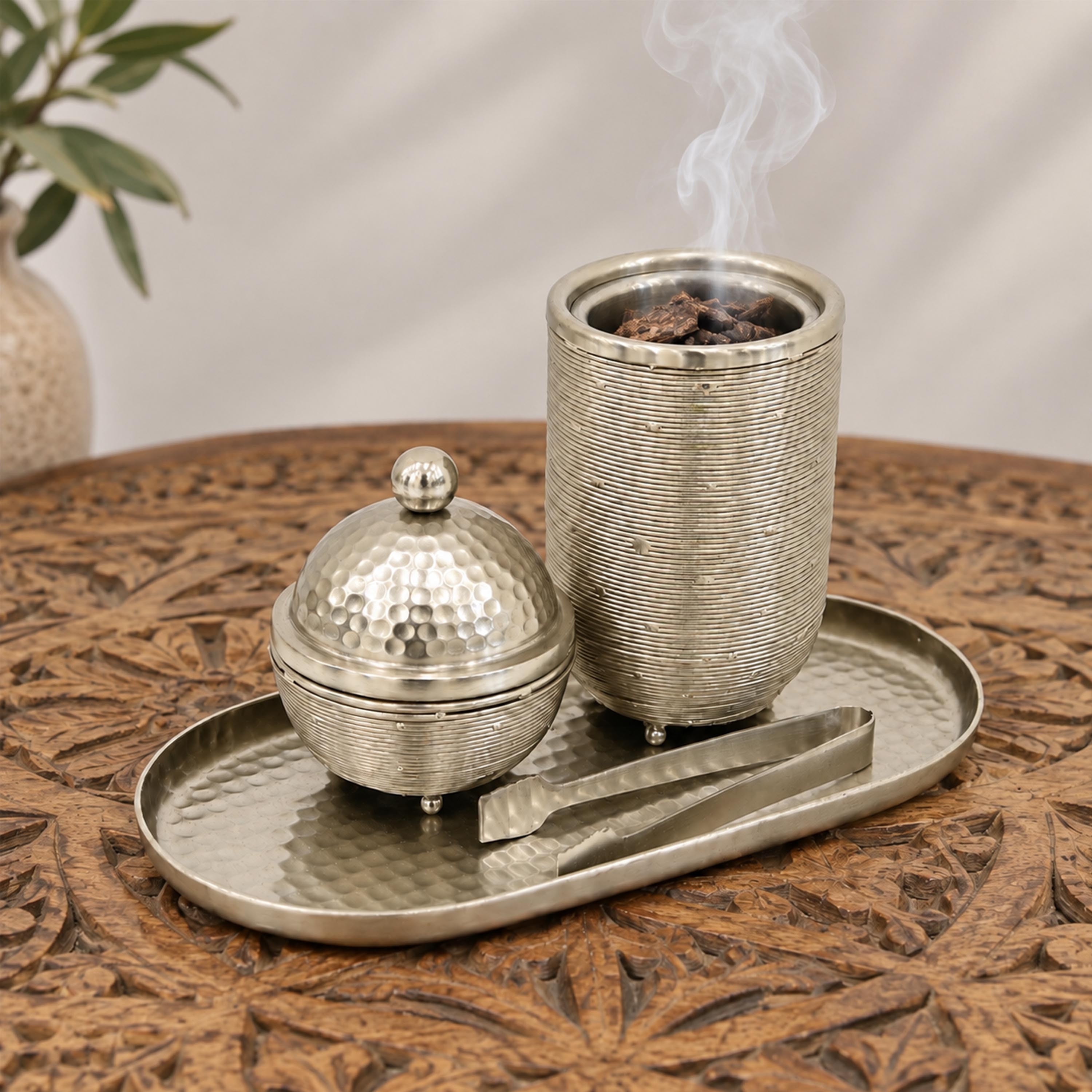 Crafted By Lifestyle Handcrafted Aluminium Bukhoor Burner Set With Tray & Tongs - Silver-household-homefragrance-burners-image-3