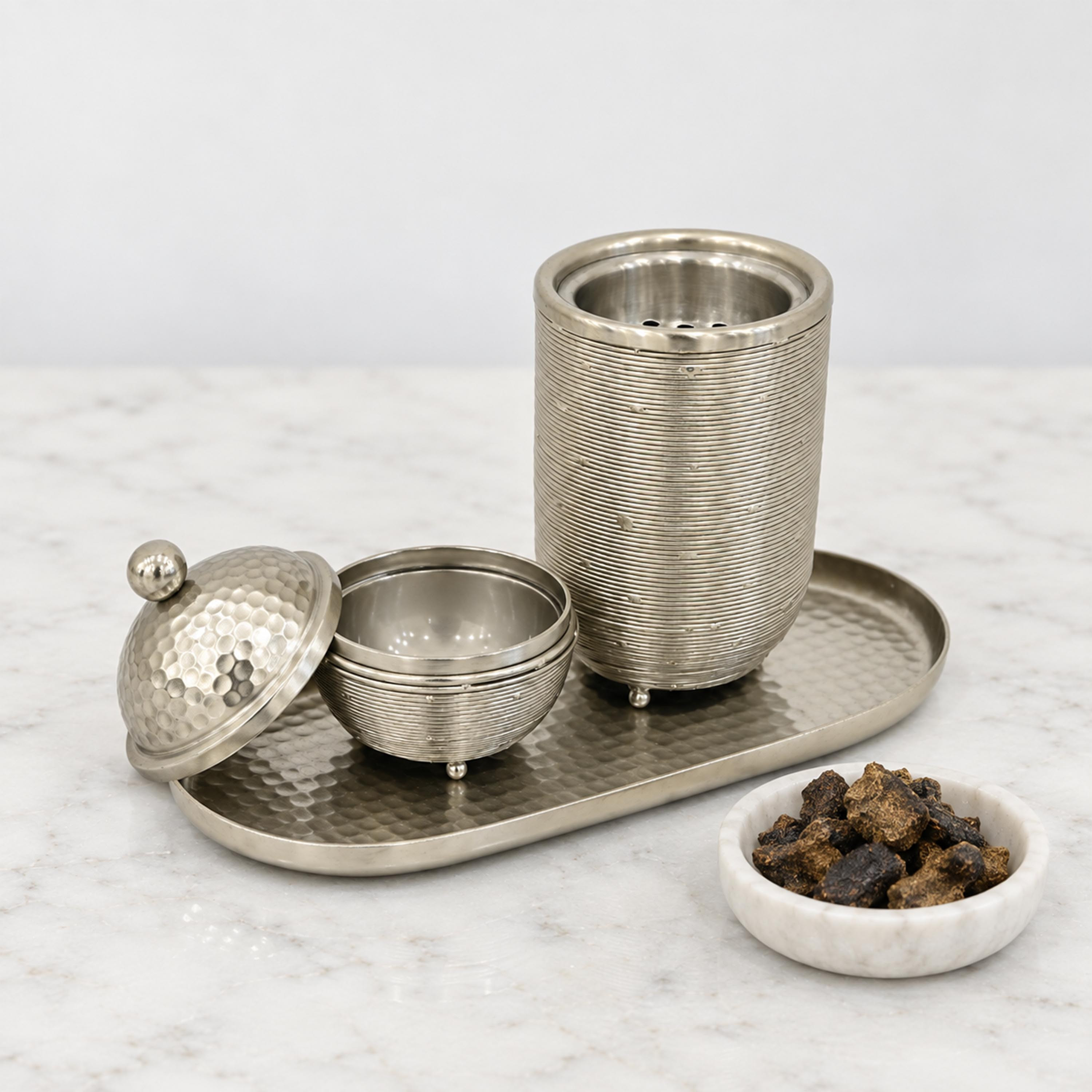 Crafted By Lifestyle Handcrafted Aluminium Bukhoor Burner Set With Tray & Tongs - Silver-household-homefragrance-burners-image-5