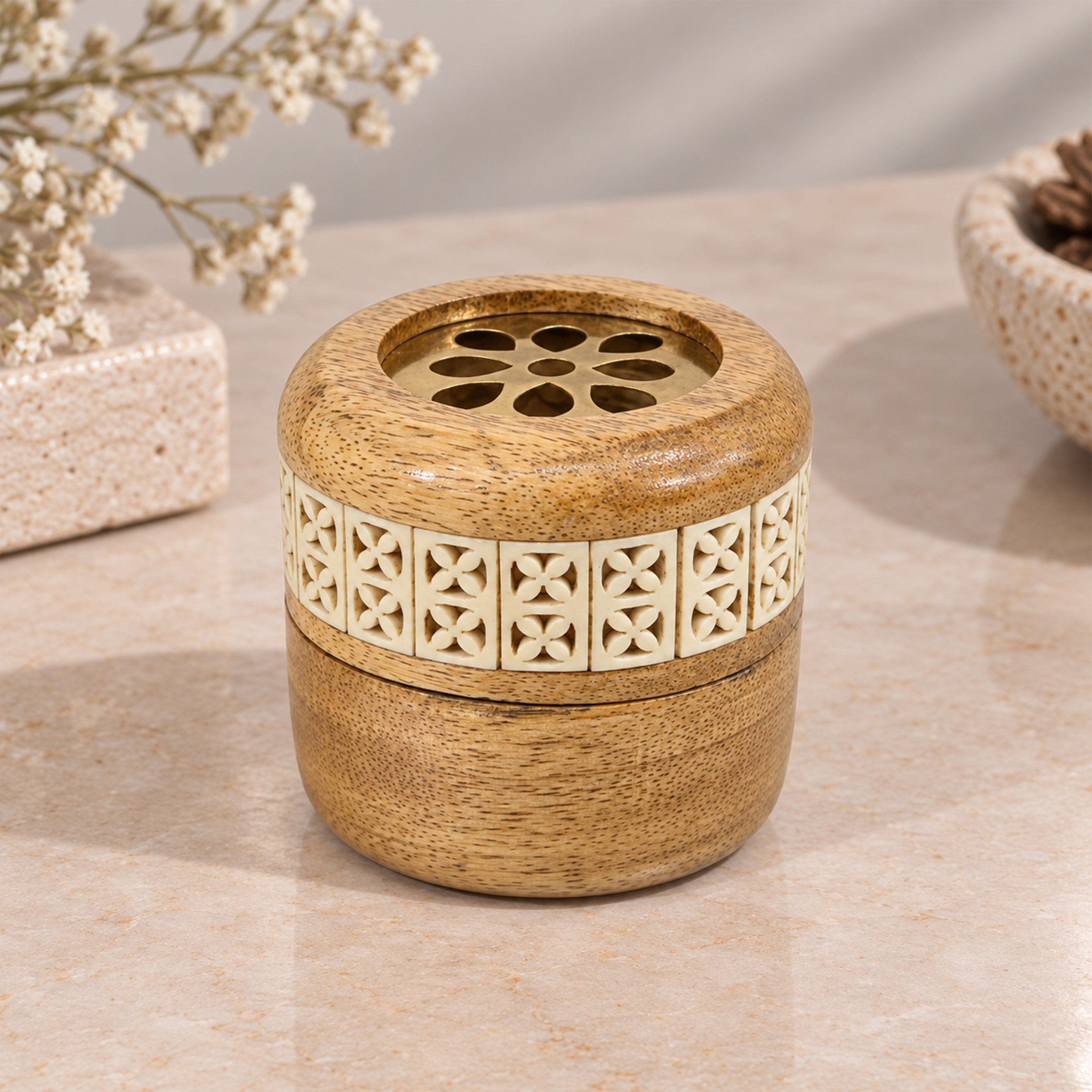 Crafted By Lifestyle Mango Wood Bukhoor Burner With Inlay-household-homefragrance-burners-image-1