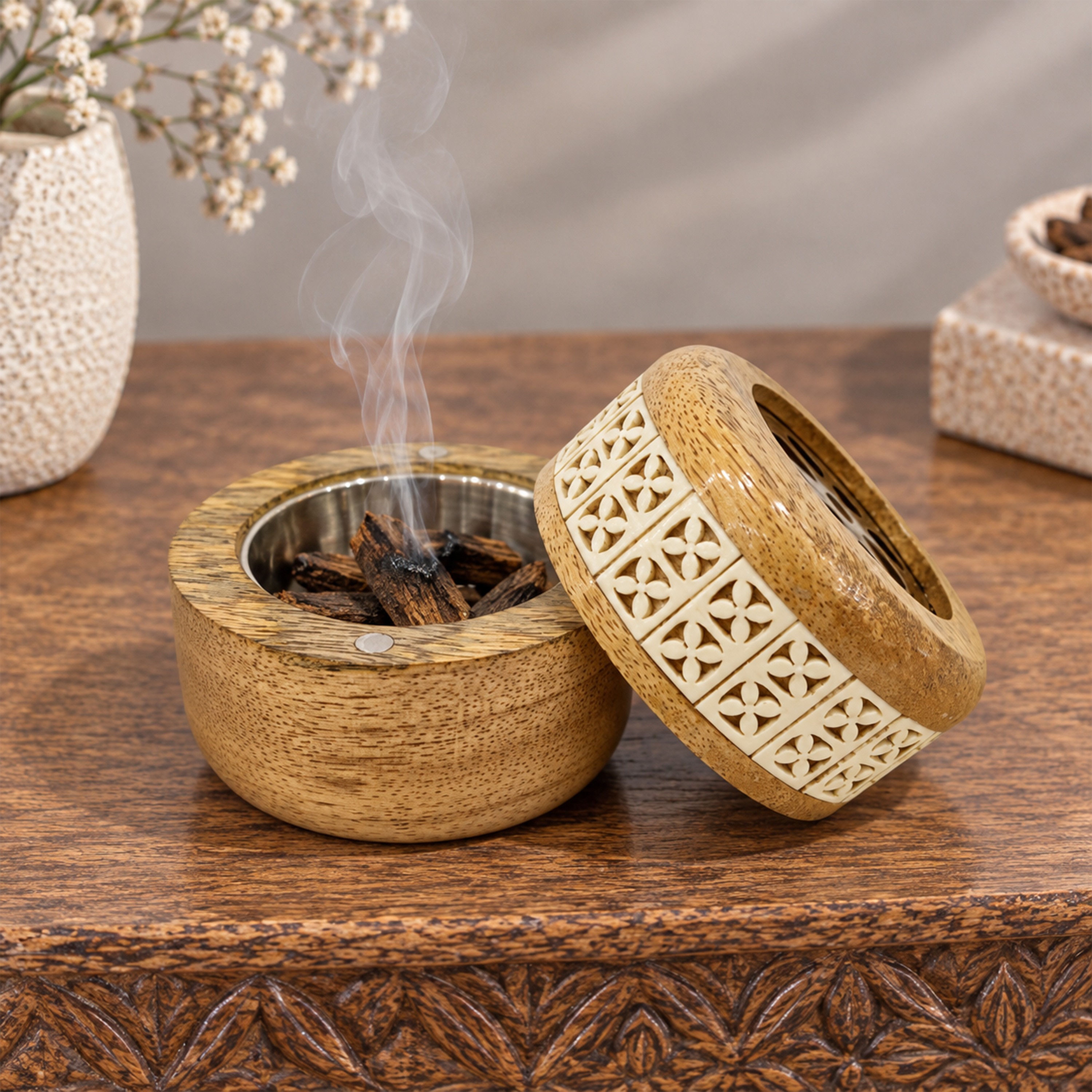 Crafted By Lifestyle Mango Wood Bukhoor Burner With Inlay-household-homefragrance-burners-image-3