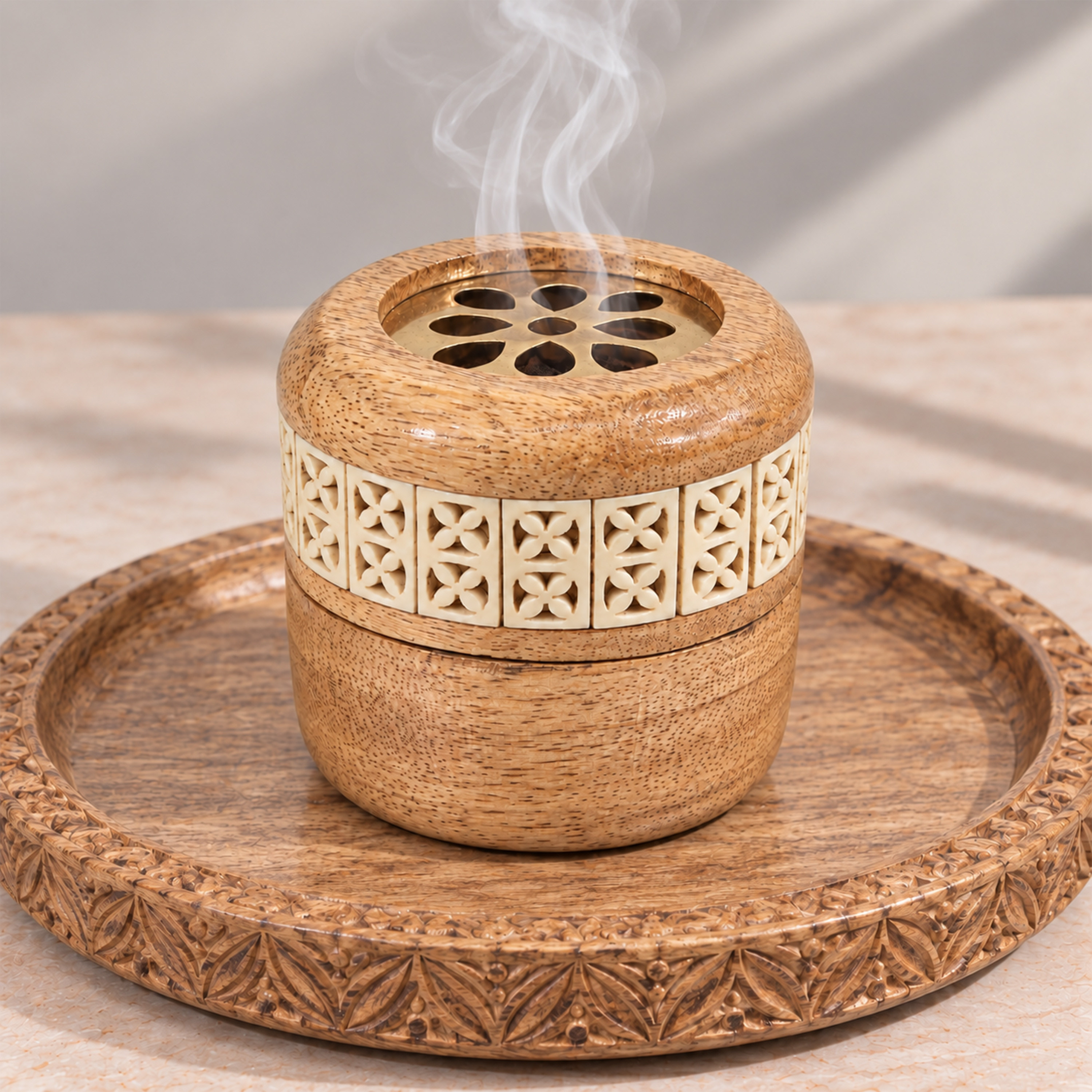 Crafted By Lifestyle Mango Wood Bukhoor Burner With Inlay-household-homefragrance-burners-image-5