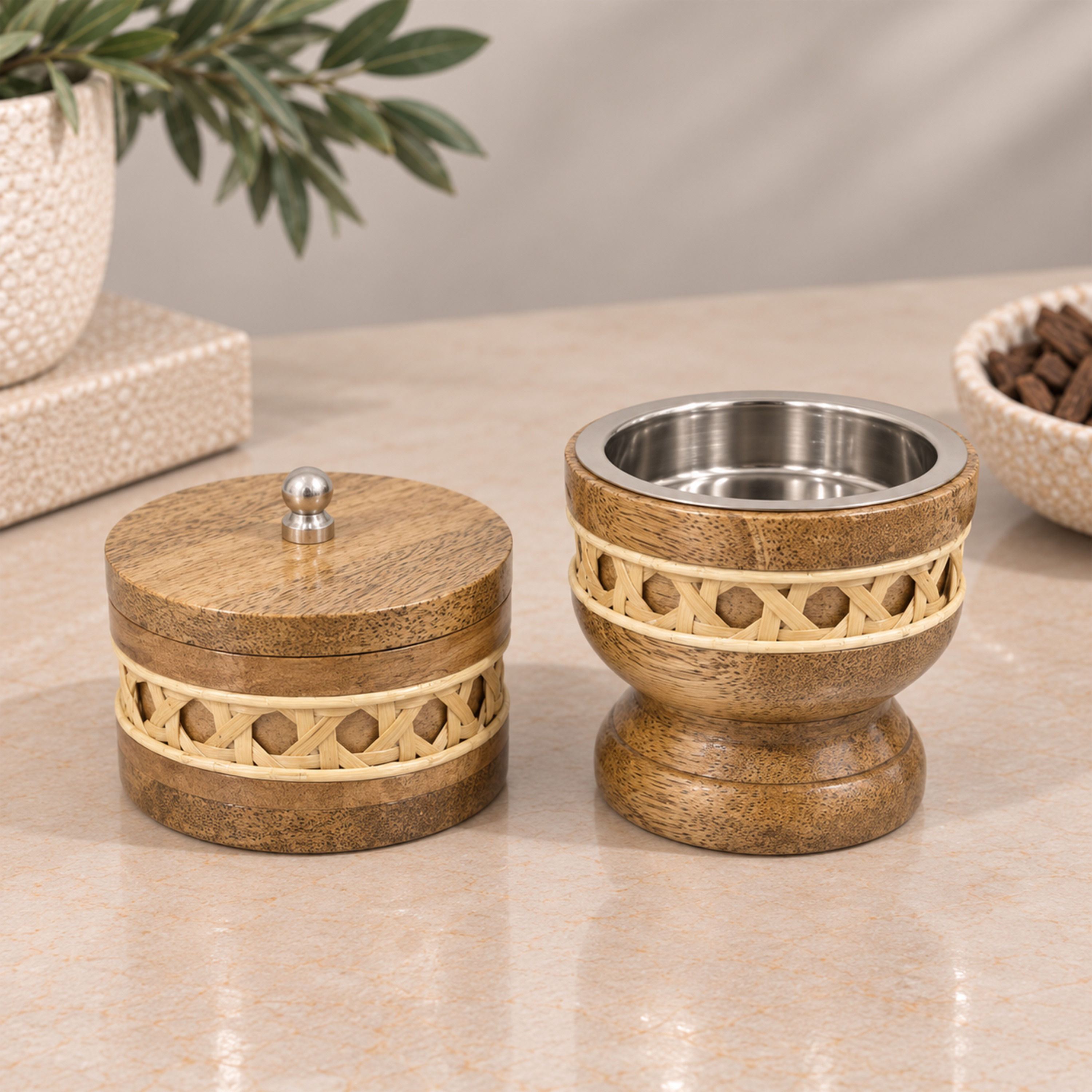 Crafted By Lifestyle Natural Mango Wood & Rattan Bukhoor Burner Set Of 2-household-homefragrance-burners-image-1