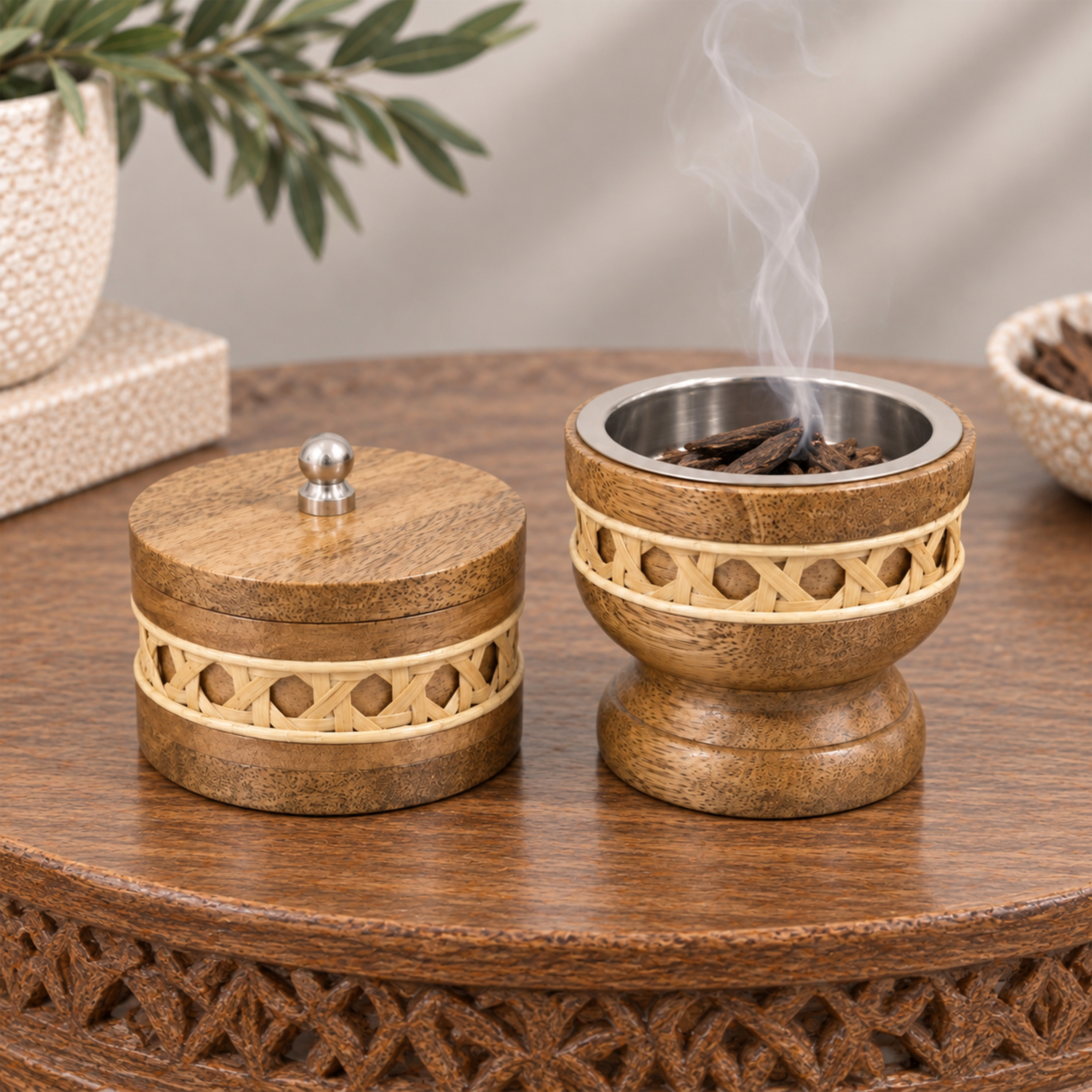 Crafted By Lifestyle Natural Mango Wood & Rattan Bukhoor Burner Set Of 2-household-homefragrance-burners-image-3