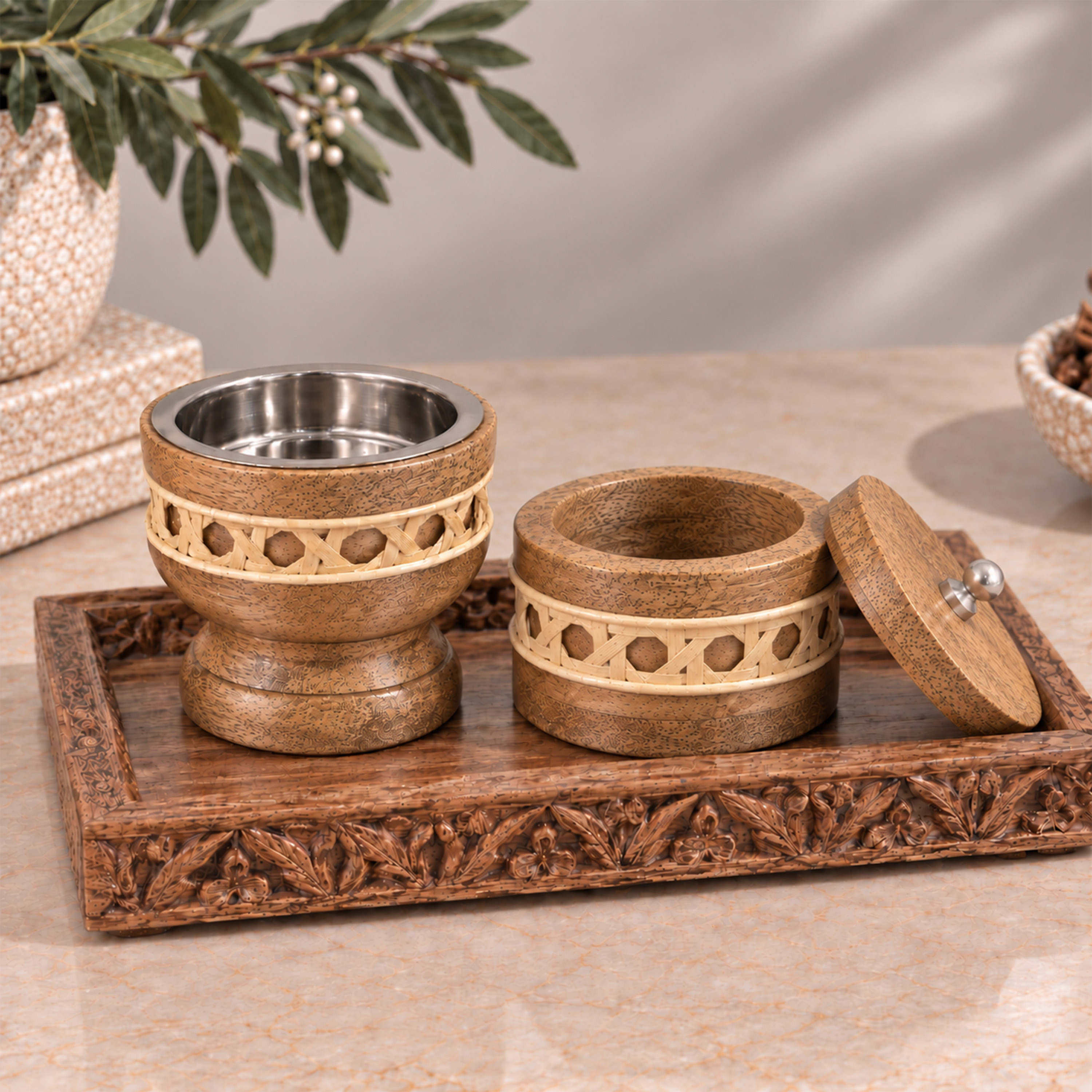 Crafted By Lifestyle Natural Mango Wood & Rattan Bukhoor Burner Set Of 2-household-homefragrance-burners-image-5