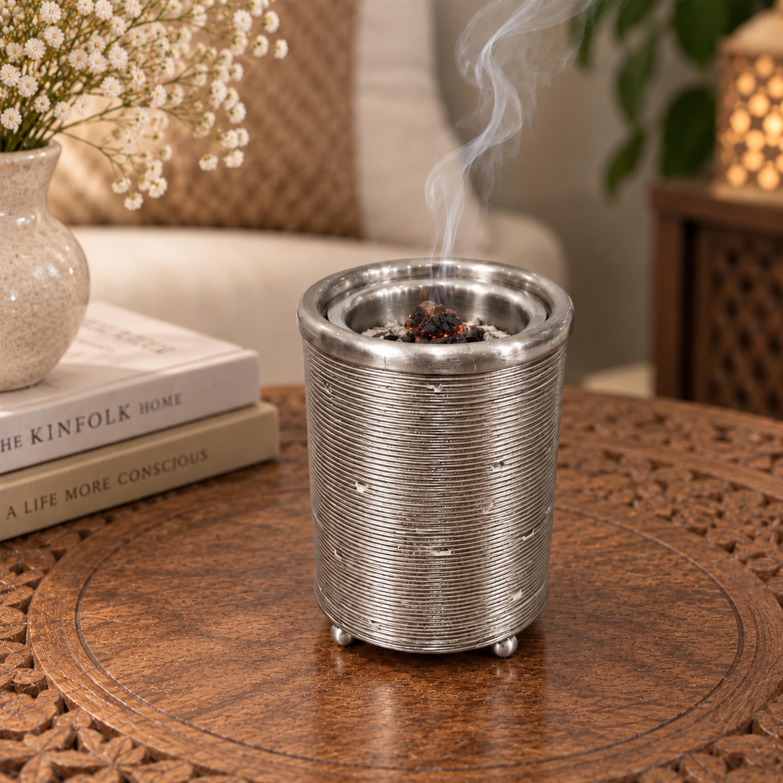 Crafted By Lifestyle Ribbed Aluminium Bukhoor Burner Box - Silver-household-homefragrance-burners-image-3