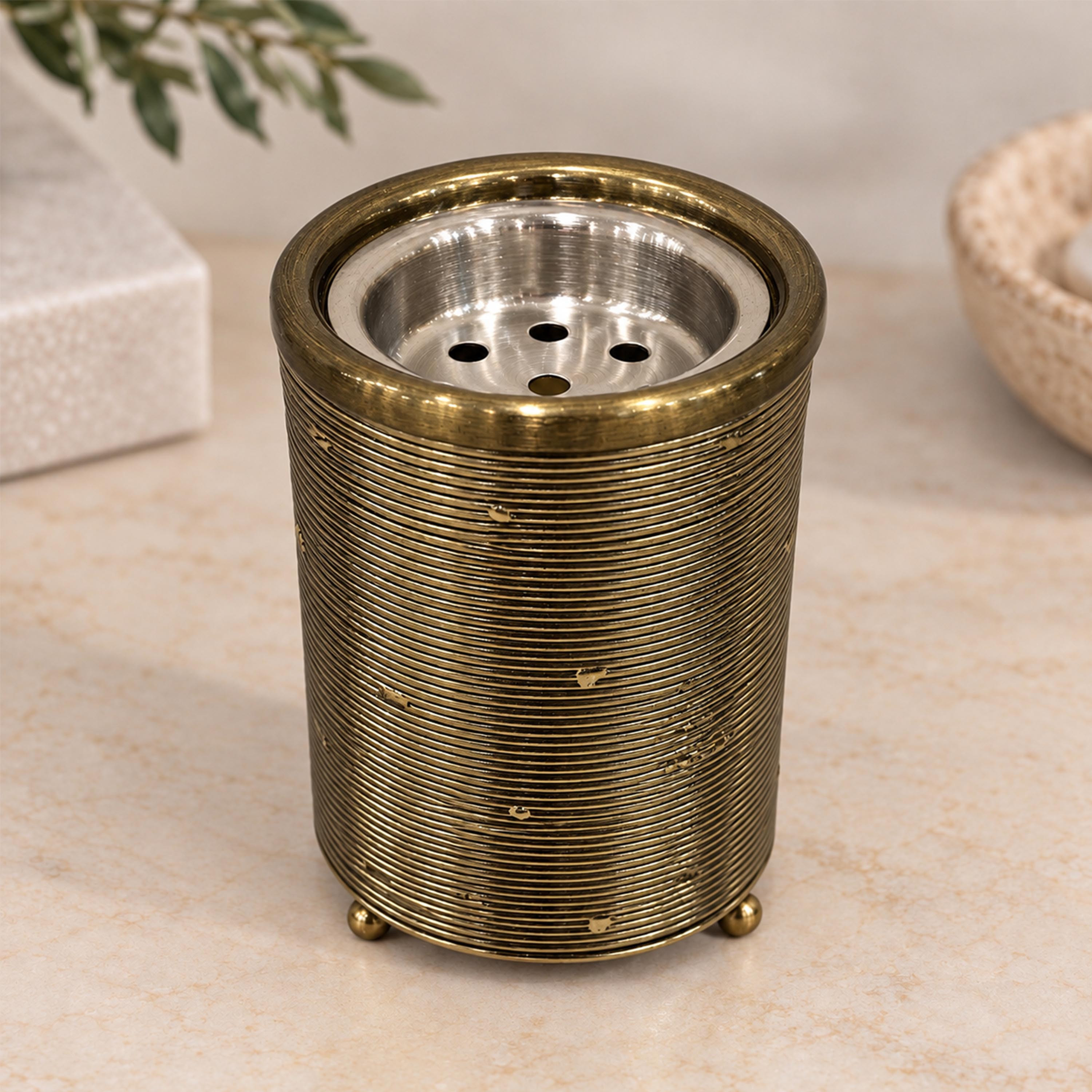 Crafted By Lifestyle Ribbed Aluminium Bukhoor Burner Box - Gold-household-homefragrance-burners-image-1