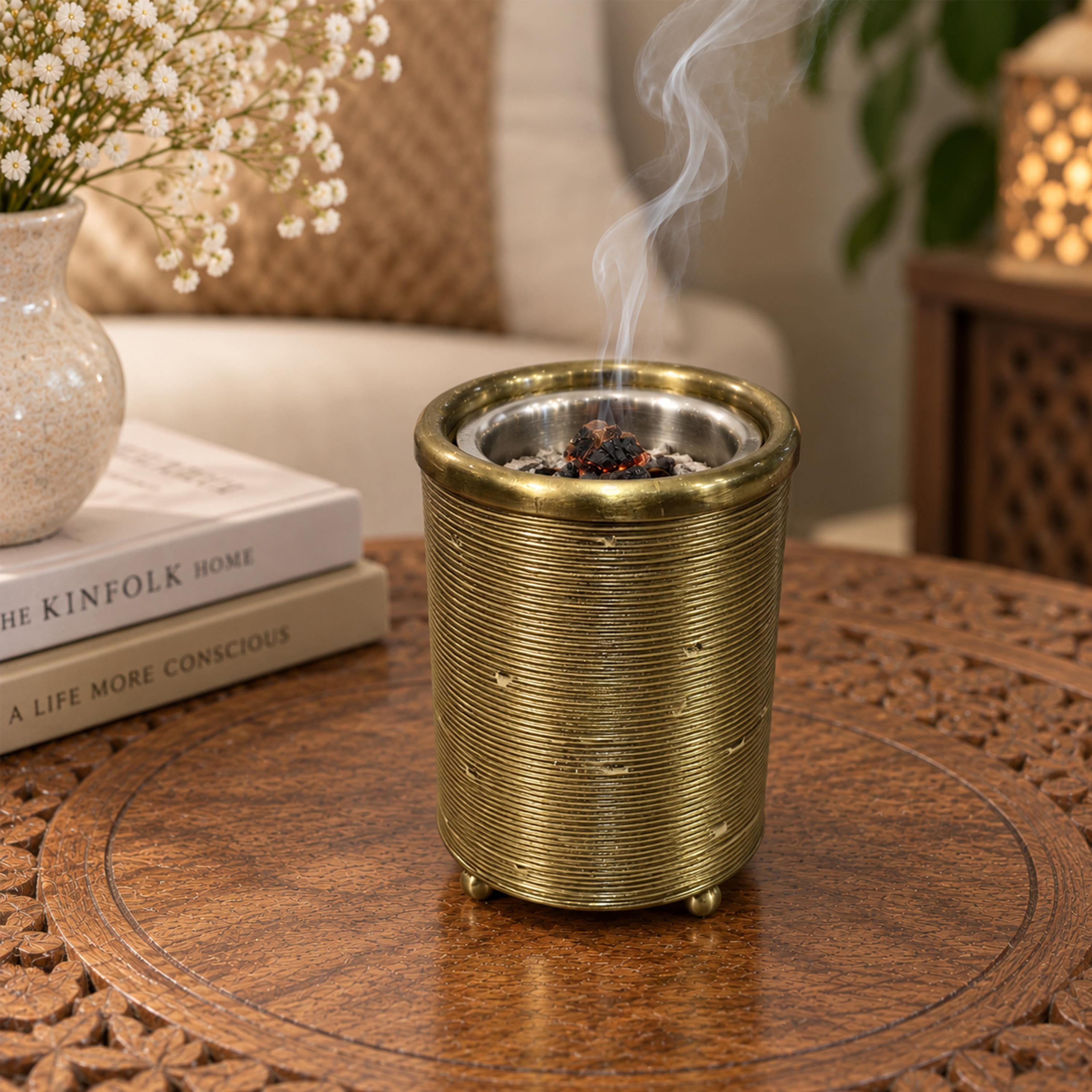 Crafted By Lifestyle Ribbed Aluminium Bukhoor Burner Box - Gold-household-homefragrance-burners-image-3