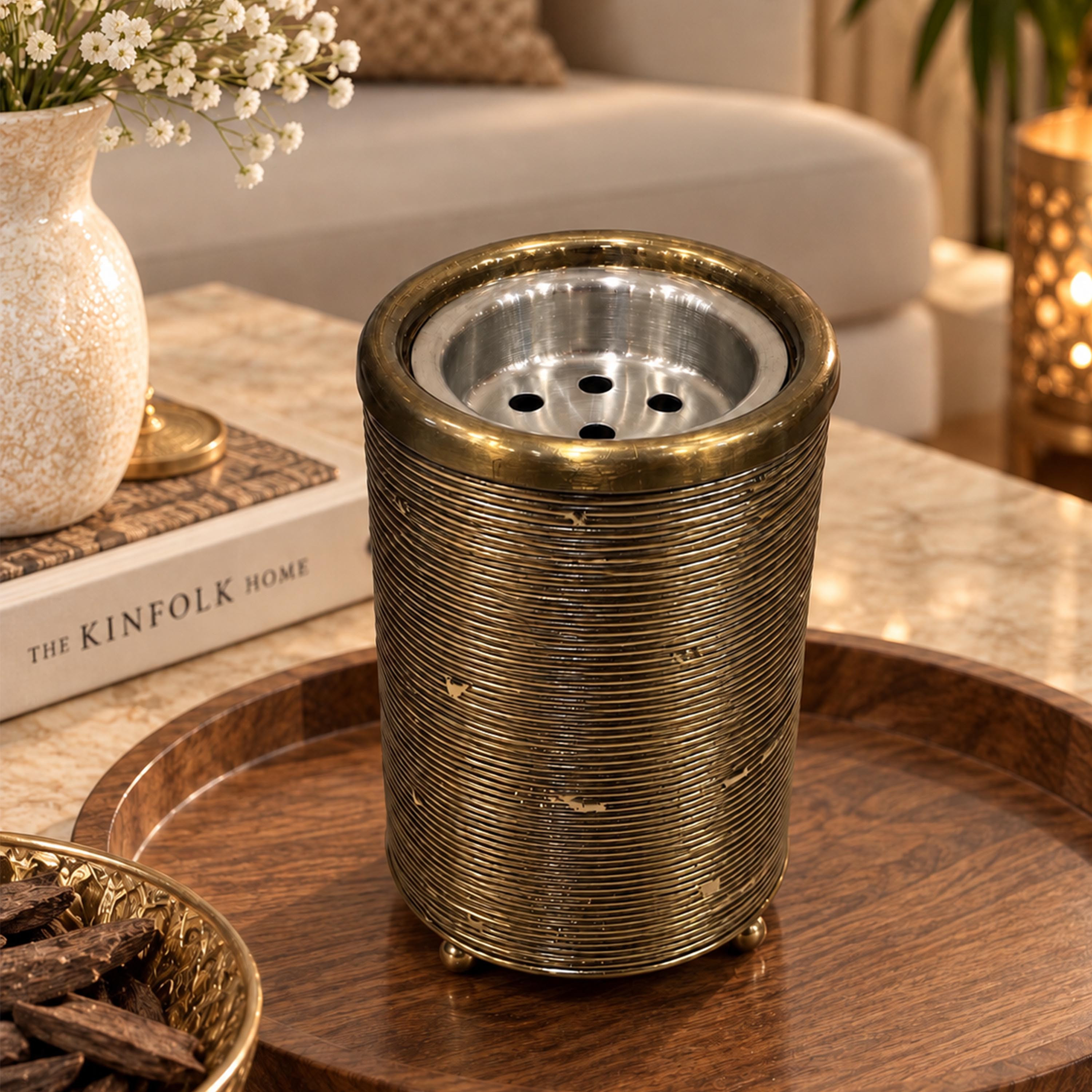 Crafted By Lifestyle Ribbed Aluminium Bukhoor Burner Box - Gold-household-homefragrance-burners-image-5
