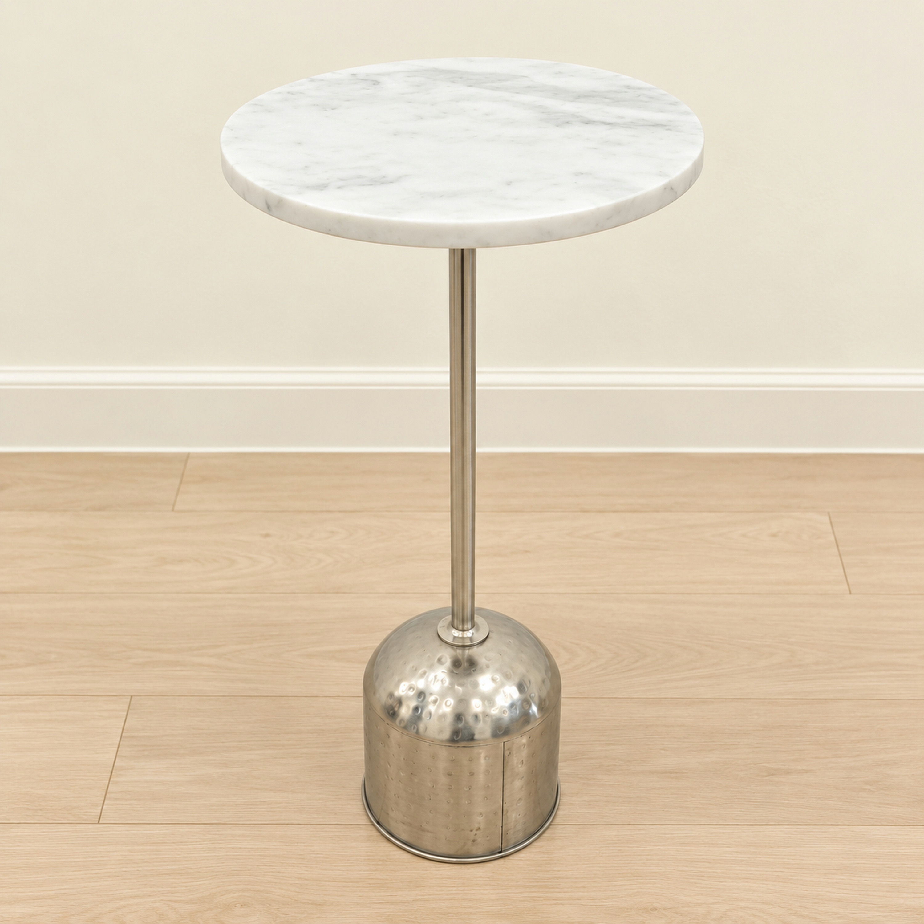 Crafted By Lifestyle Low-Profile Marble Top Round Side Table - White & Silver-furniture-livingroom-sideandendtables-image-1