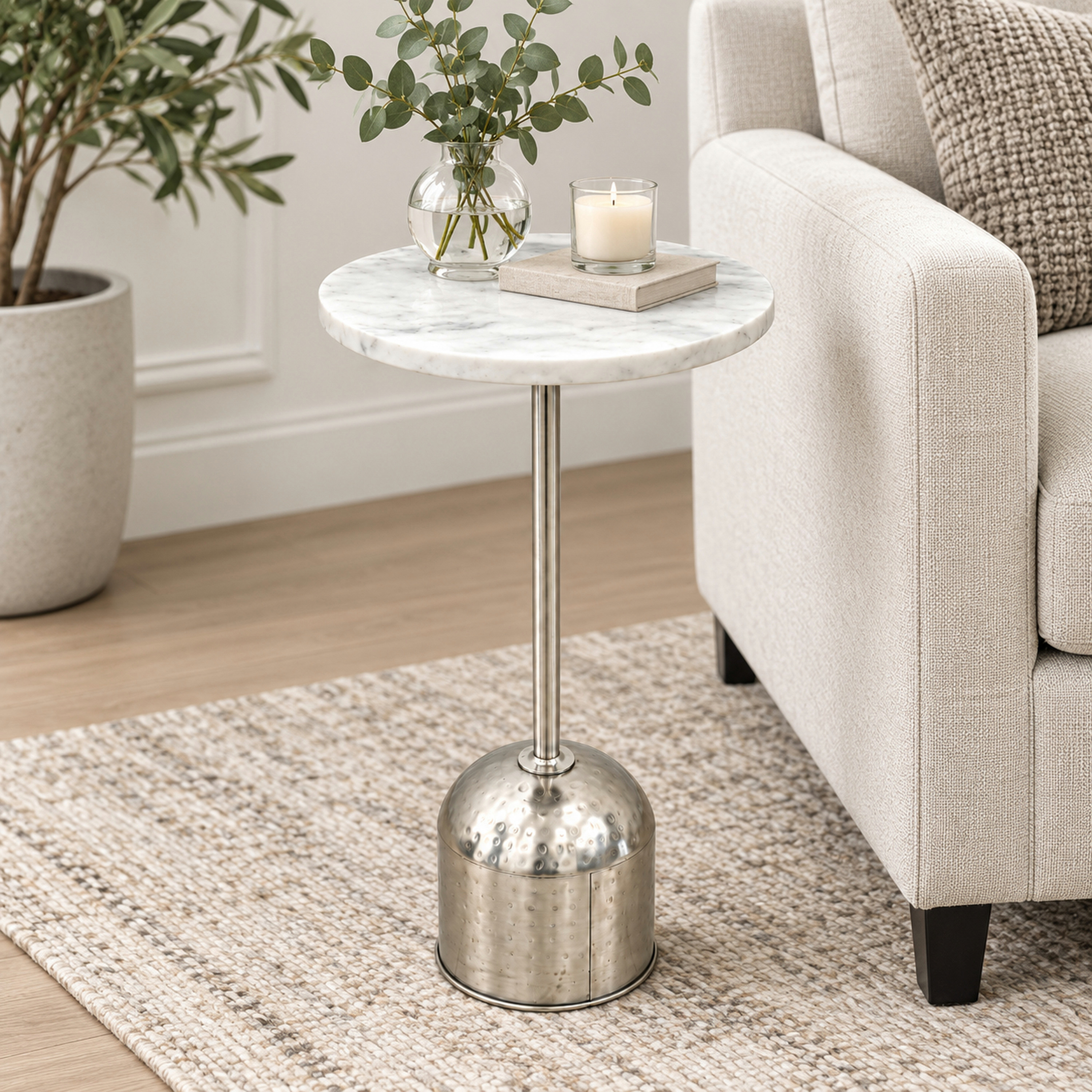 Crafted By Lifestyle Low-Profile Marble Top Round Side Table - White & Silver-furniture-livingroom-sideandendtables-image-3