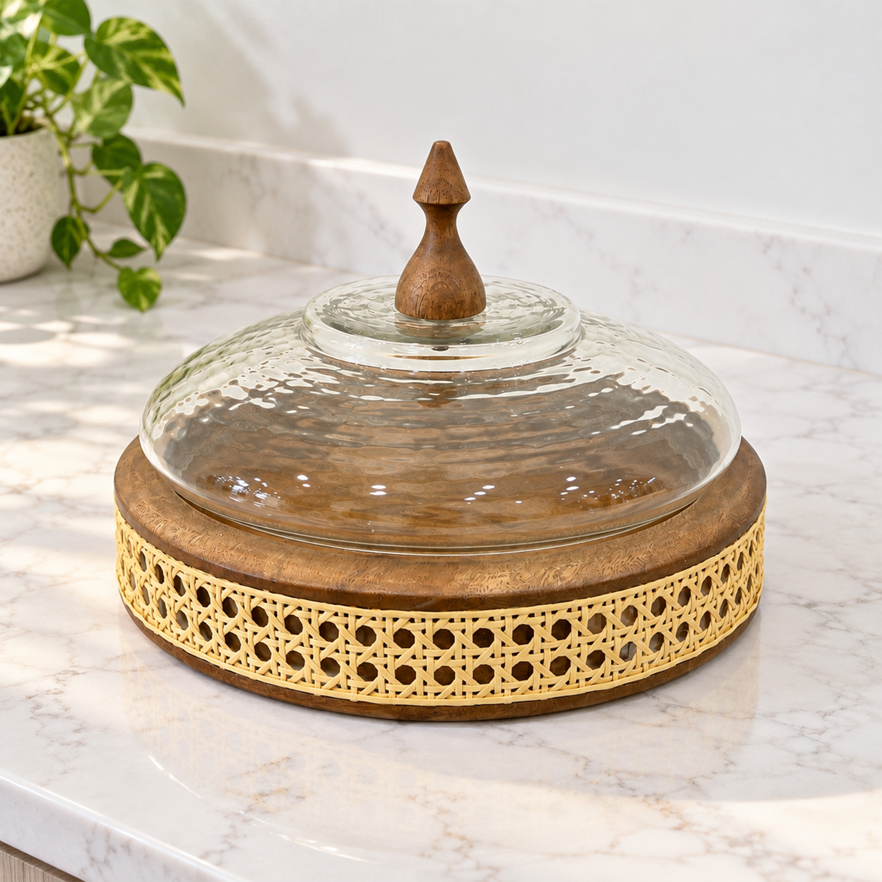 حامل كيك مقبب من خشب المانجو والزجاج من تصميم لايف ستايل - 29 سم-household-dining-serveware-cakestands-image-1