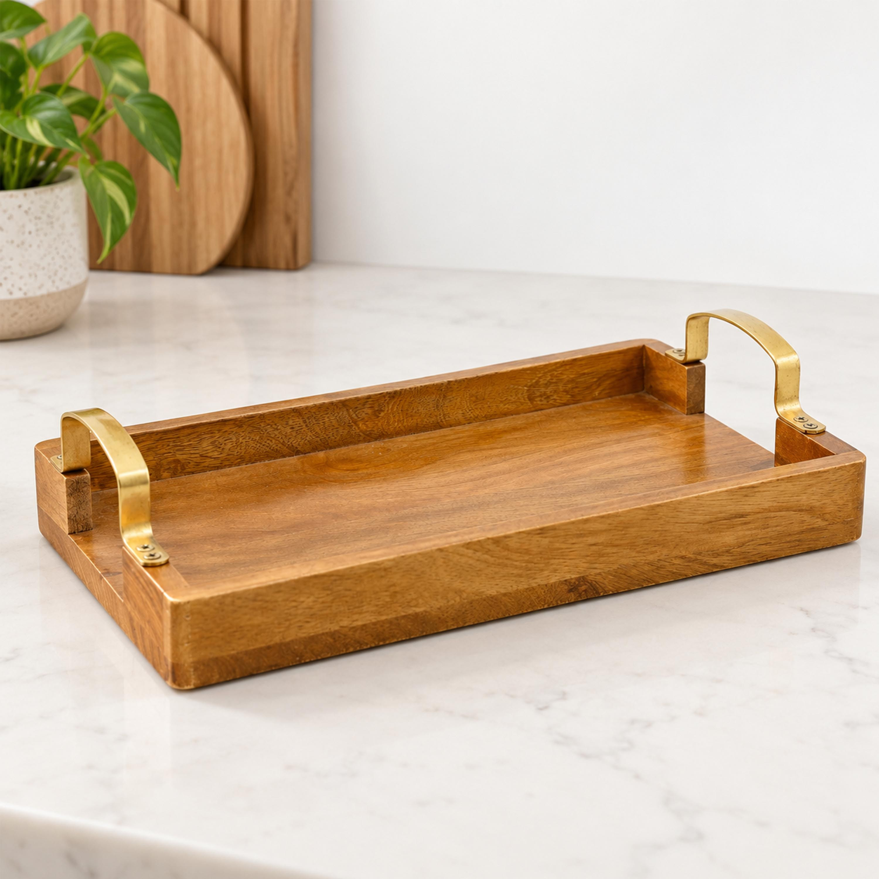 صينية تقديم مصنوعة من خشب المانجو من تصميم لايف ستايل، مزودة بمقابض معدنية-household-dining-serveware-servingtrays-image-1