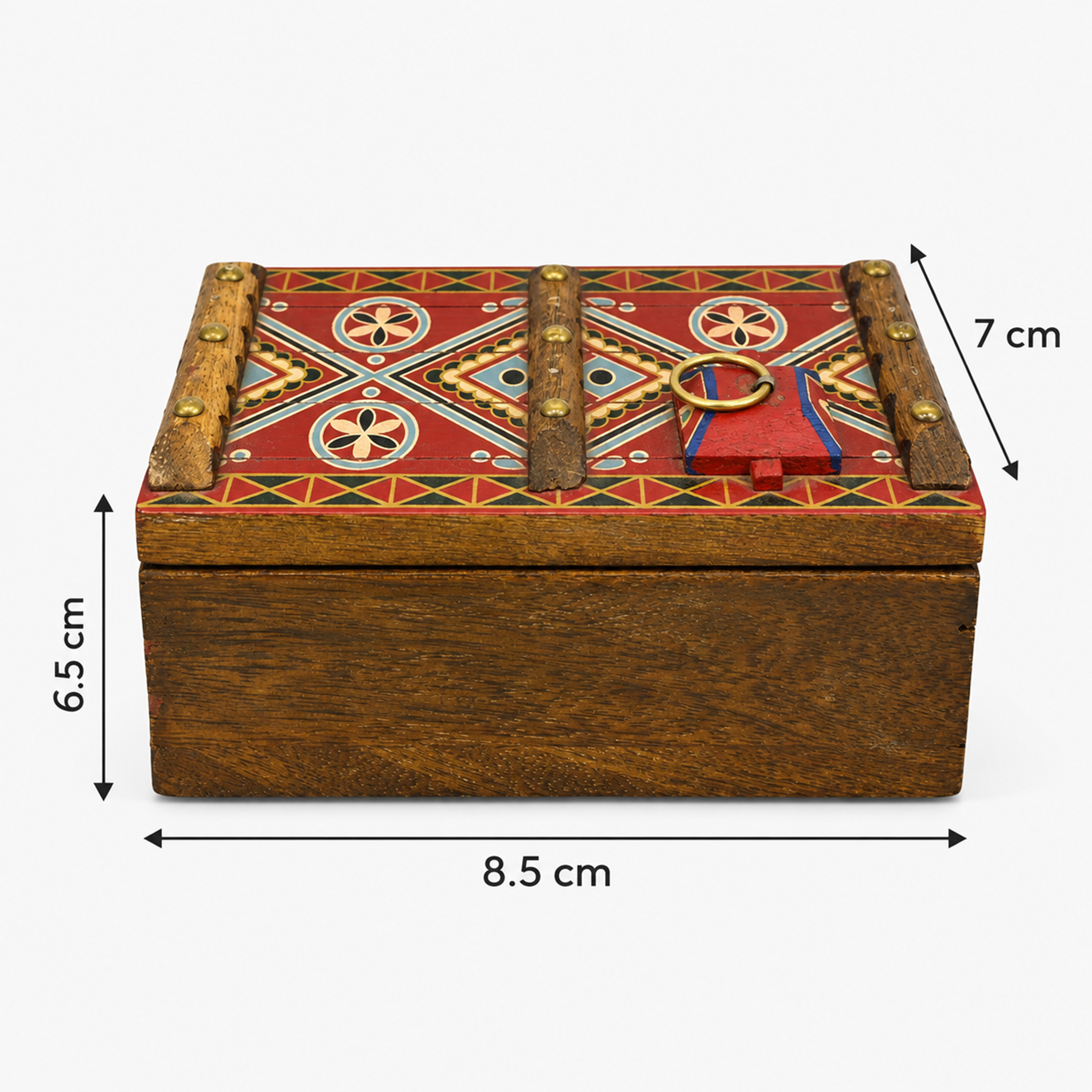 Crafted By Lifestyle Mango Wood Storage Box With Red Diamond-Pattern Lid And Ring Latch-household-storage-jewelleryorganizing-jewelleryboxesandstands-image-2