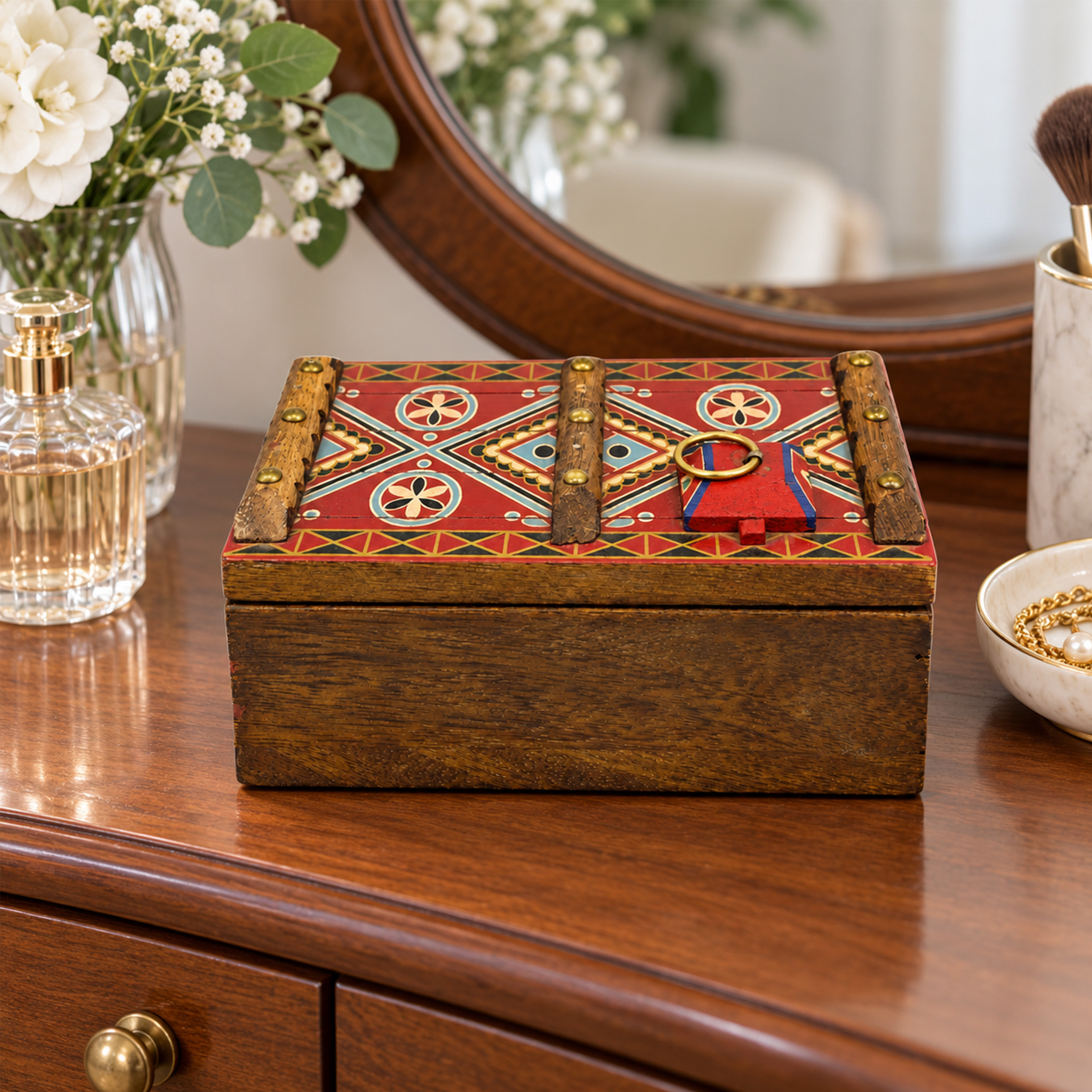 Crafted By Lifestyle Mango Wood Storage Box With Red Diamond-Pattern Lid And Ring Latch-household-storage-jewelleryorganizing-jewelleryboxesandstands-image-3