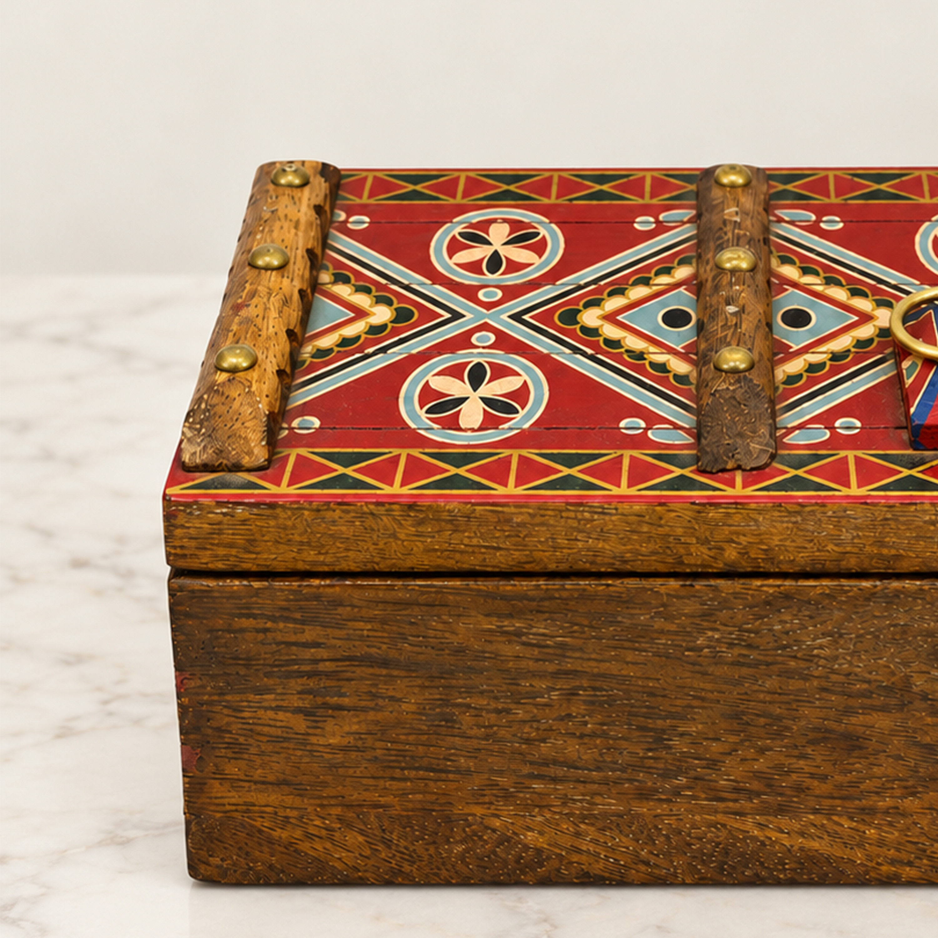 Crafted By Lifestyle Mango Wood Storage Box With Red Diamond-Pattern Lid And Ring Latch-household-storage-jewelleryorganizing-jewelleryboxesandstands-image-4