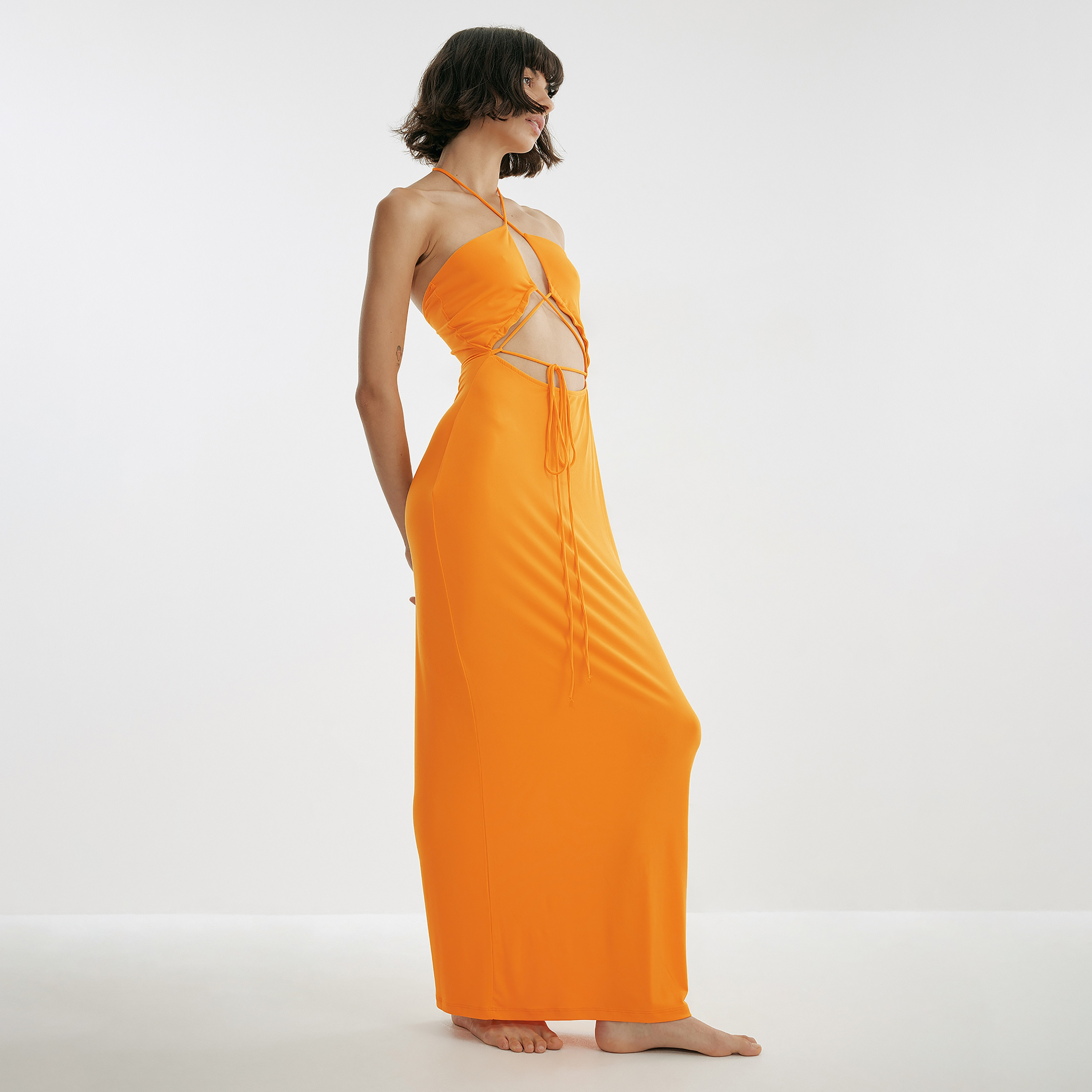 na kd orange dress Satin Ruffle Shoulder Maxi Dress Orange