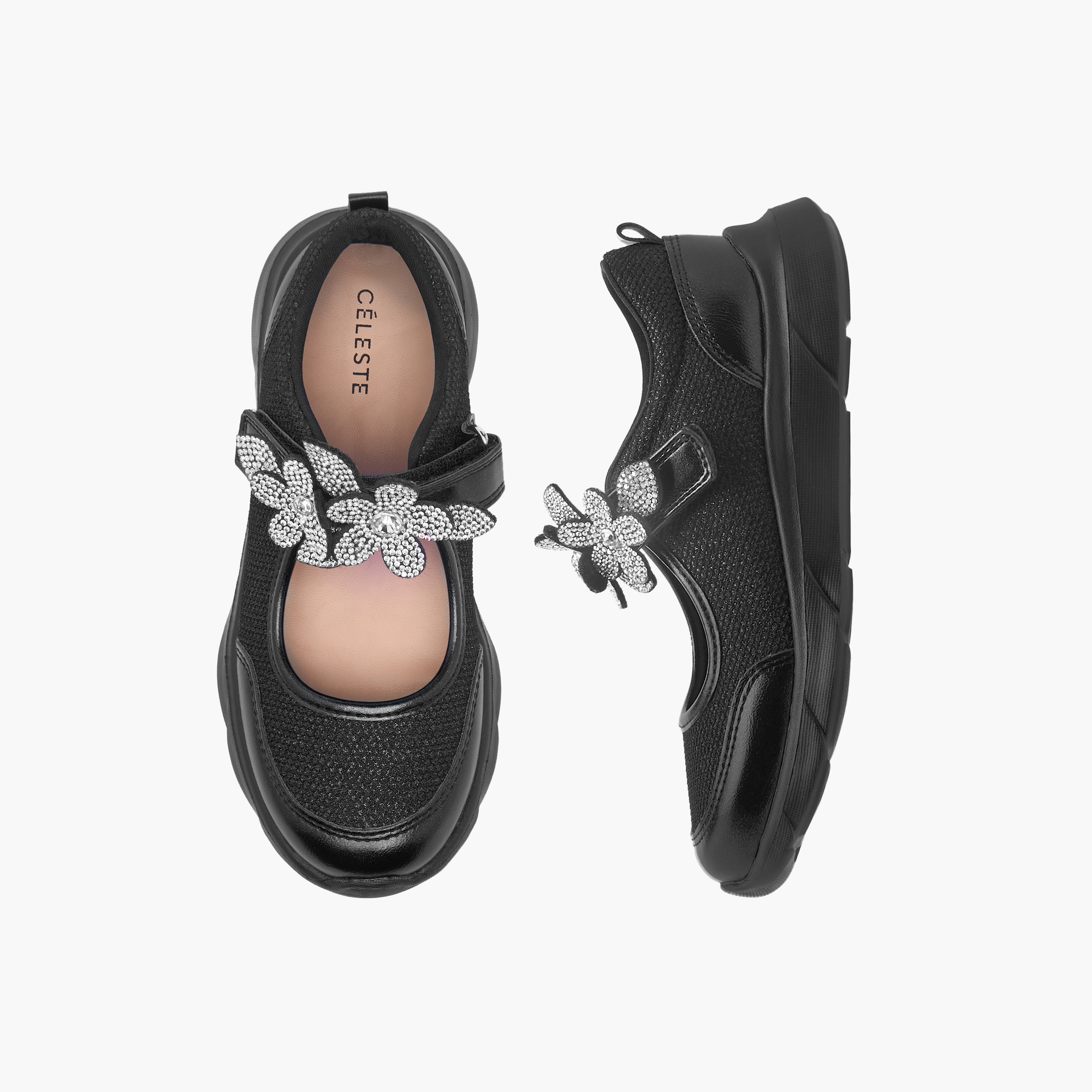 Celeste Girl's Floral Accent Mary Jane Shoes with Hook and Loop Closure-girls-shoes-maryjanes-image-1