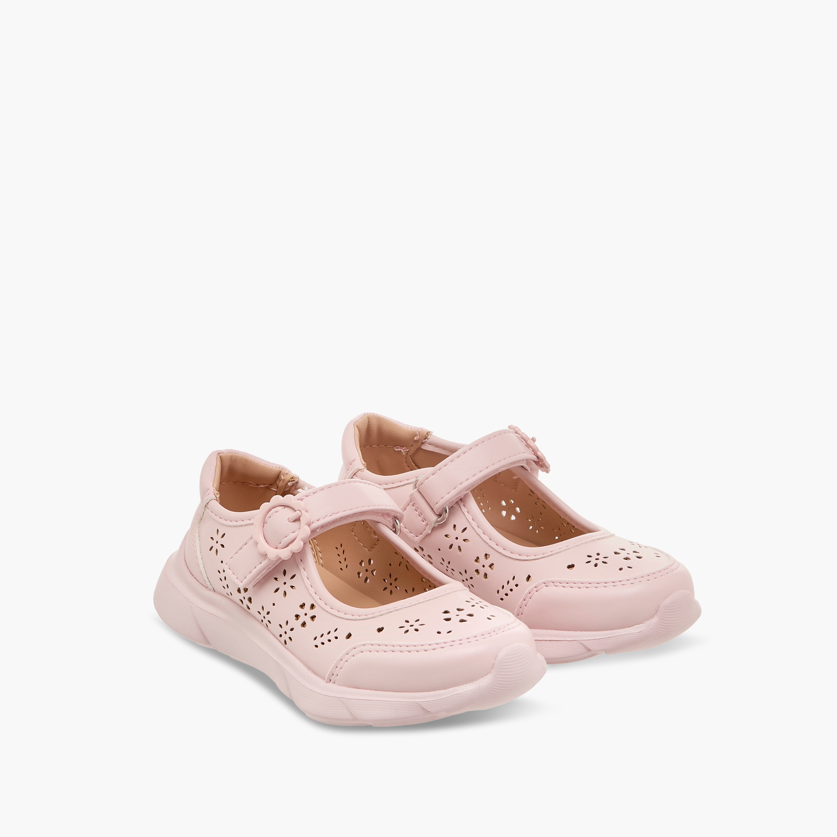Little Missy Laser Cut Detail Mary Jane Shoes with Hook and Loop Closure-girls-shoes-maryjanes-image-1