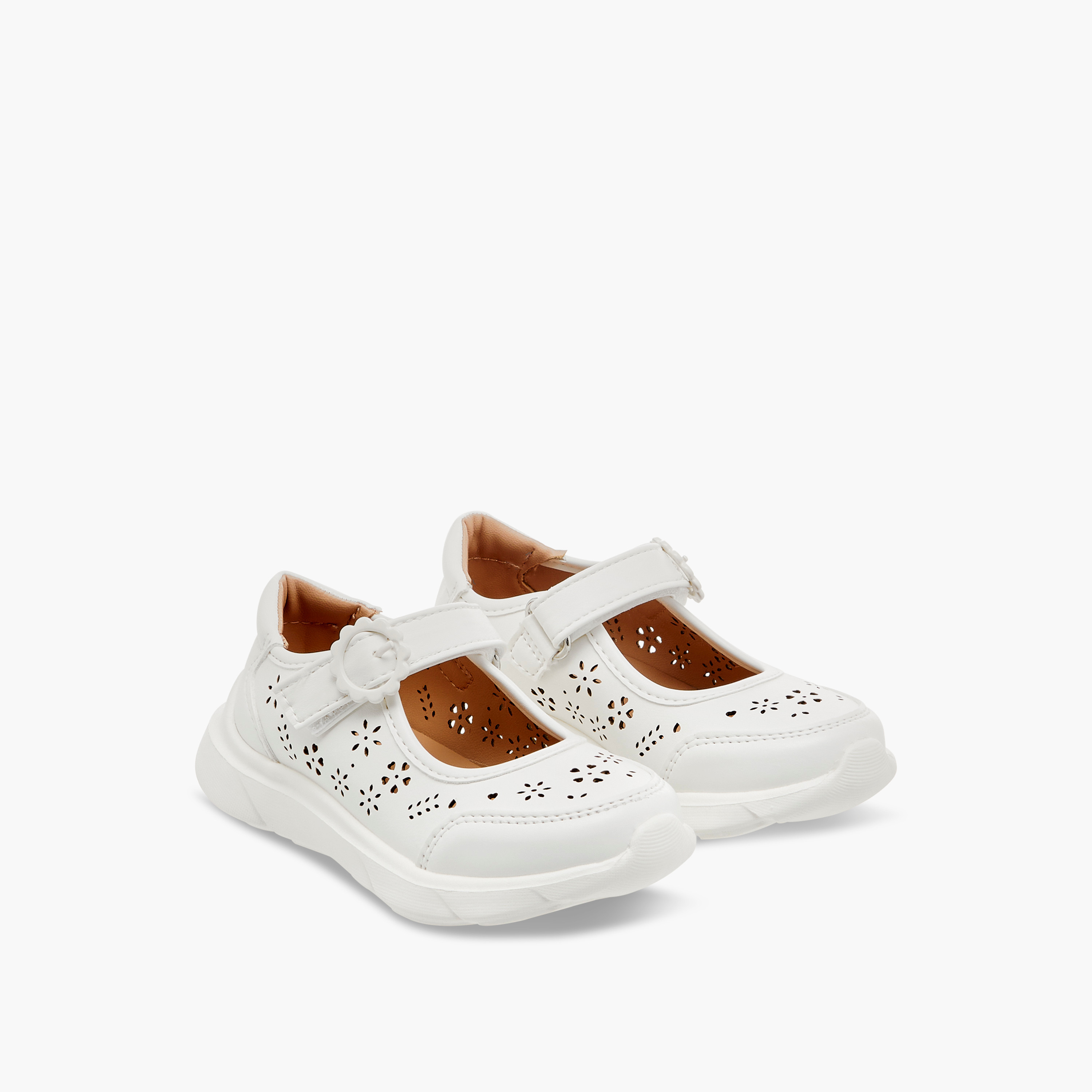 حذاء ماري جين بتفاصيل مفرغة بالليزر وشريط إغلاق لاصق من ليتل ميسي-girls-shoes-maryjanes-image-1
