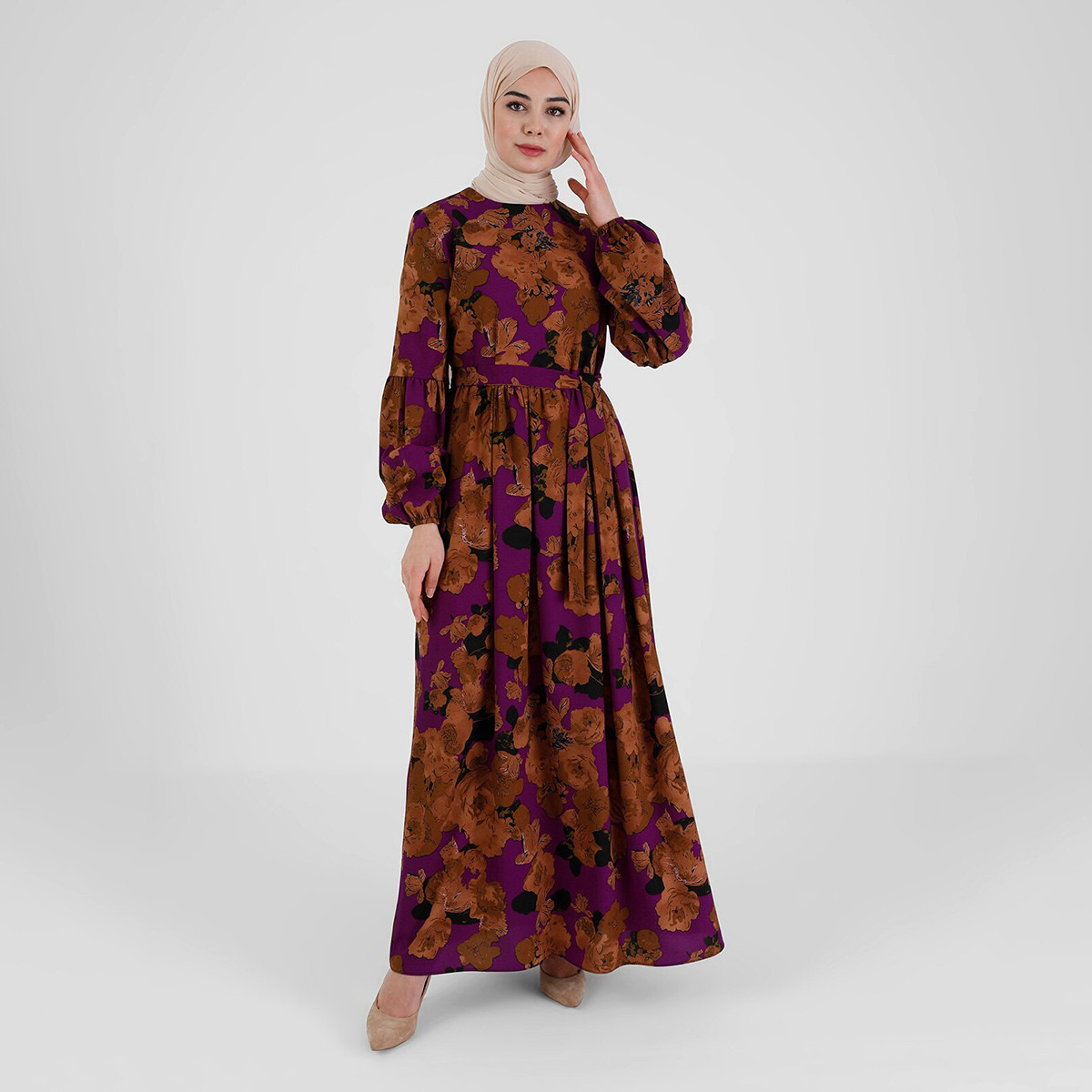 Modanisa Women Purple Printed Back Zipper Tie Belt Jalabiya-women-clothing-dresses-image-1