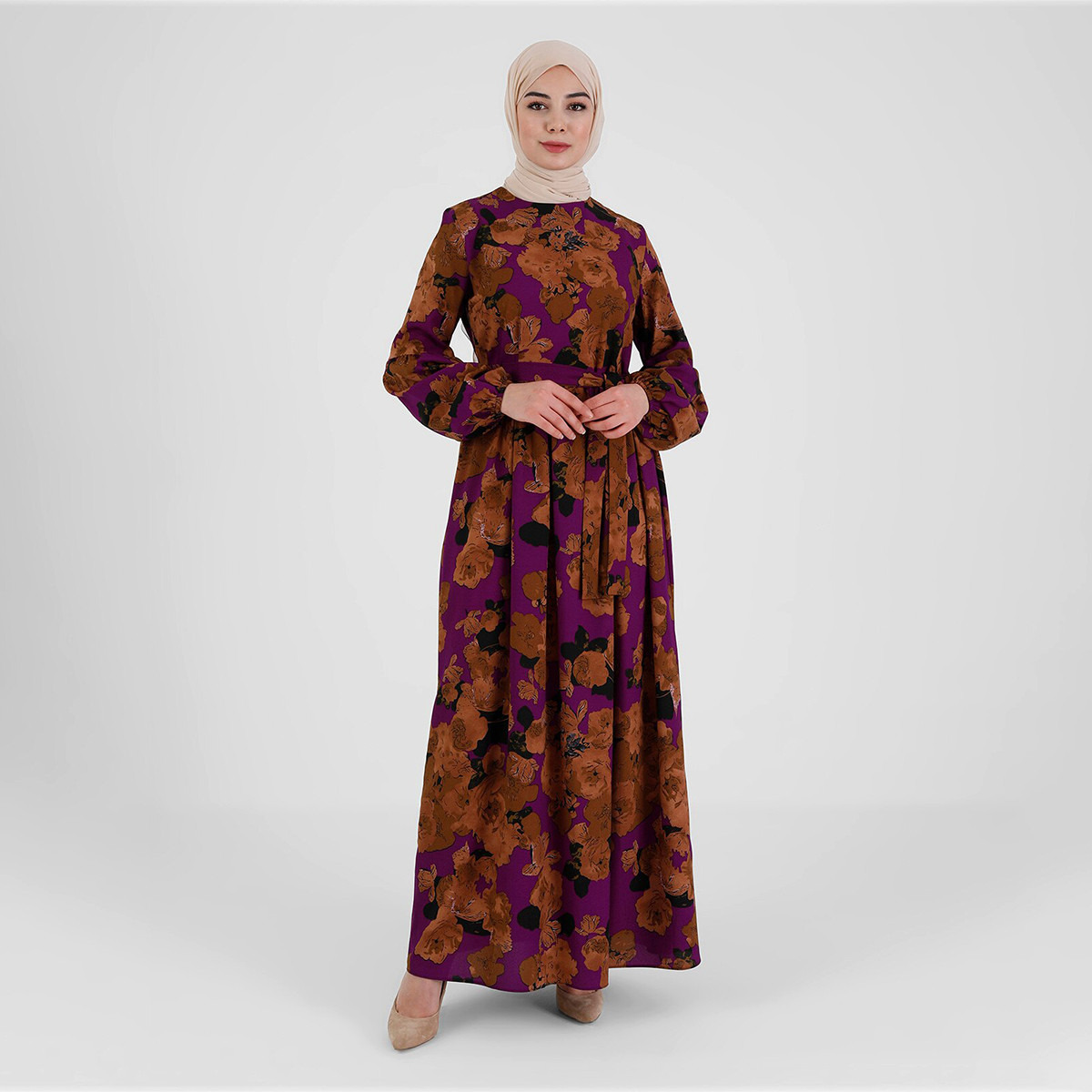 Modanisa Women Purple Printed Back Zipper Tie Belt Jalabiya-women-clothing-dresses-image-2