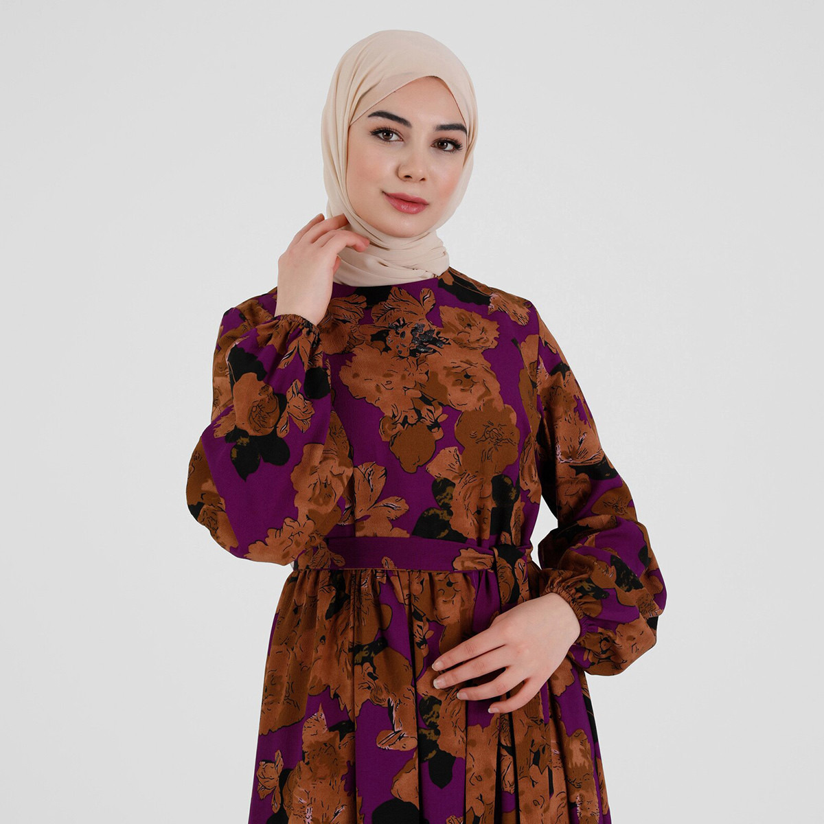 Modanisa Women Purple Printed Back Zipper Tie Belt Jalabiya-women-clothing-dresses-image-3