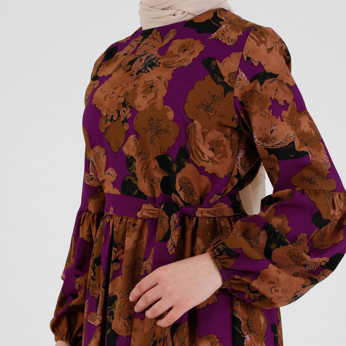 Modanisa Women Purple Printed Back Zipper Tie Belt Jalabiya-women-clothing-dresses-image-4