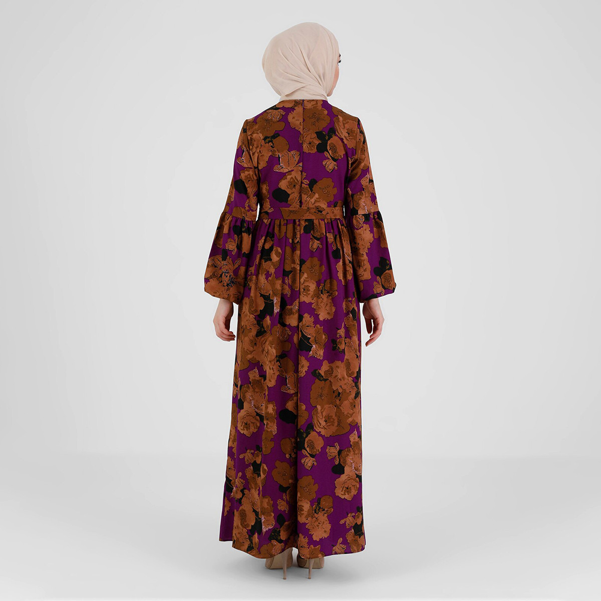 Modanisa Women Purple Printed Back Zipper Tie Belt Jalabiya-women-clothing-dresses-image-5
