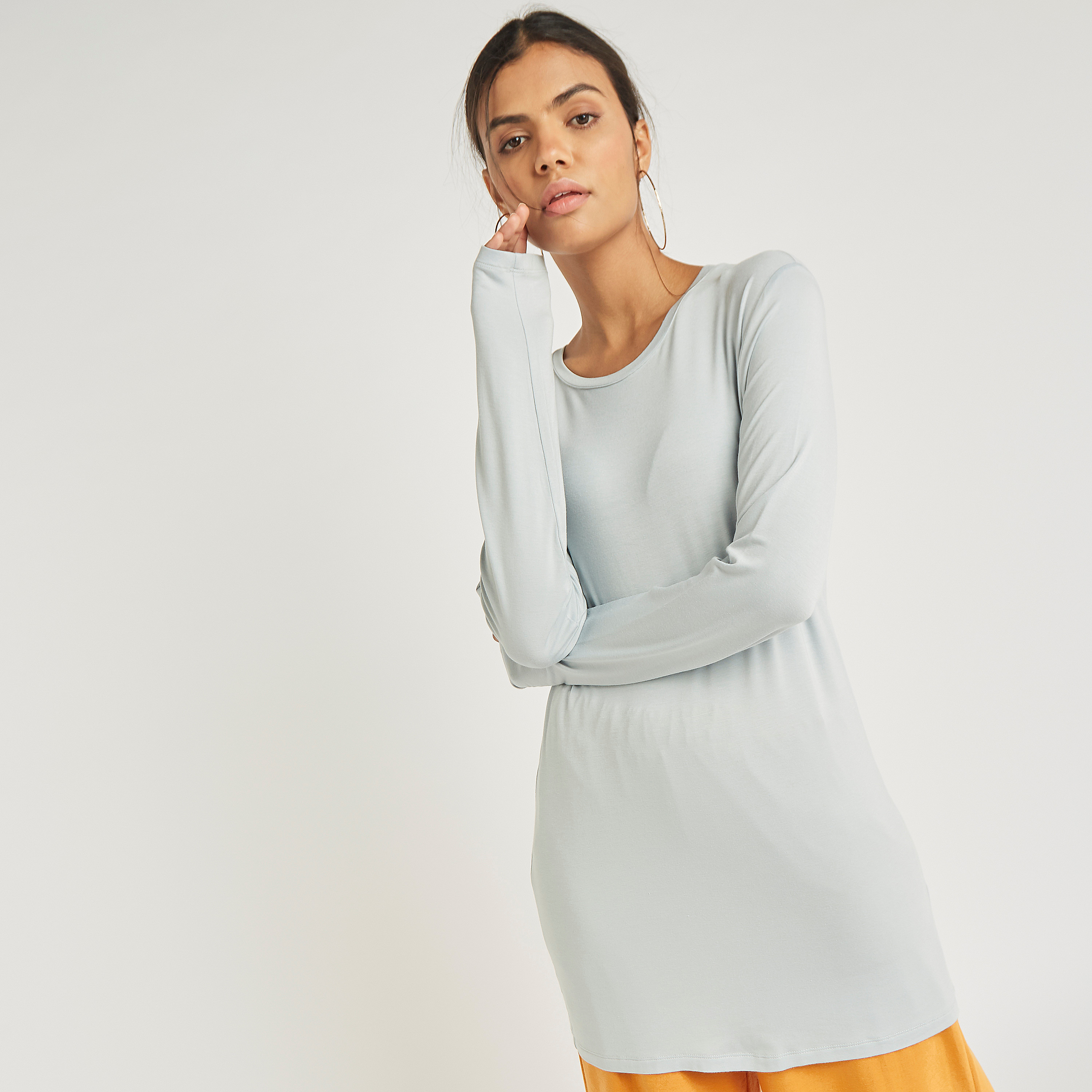Anotah Solid Long Sleeve Top with Round Neck-women-clothing-tshirts-image-1