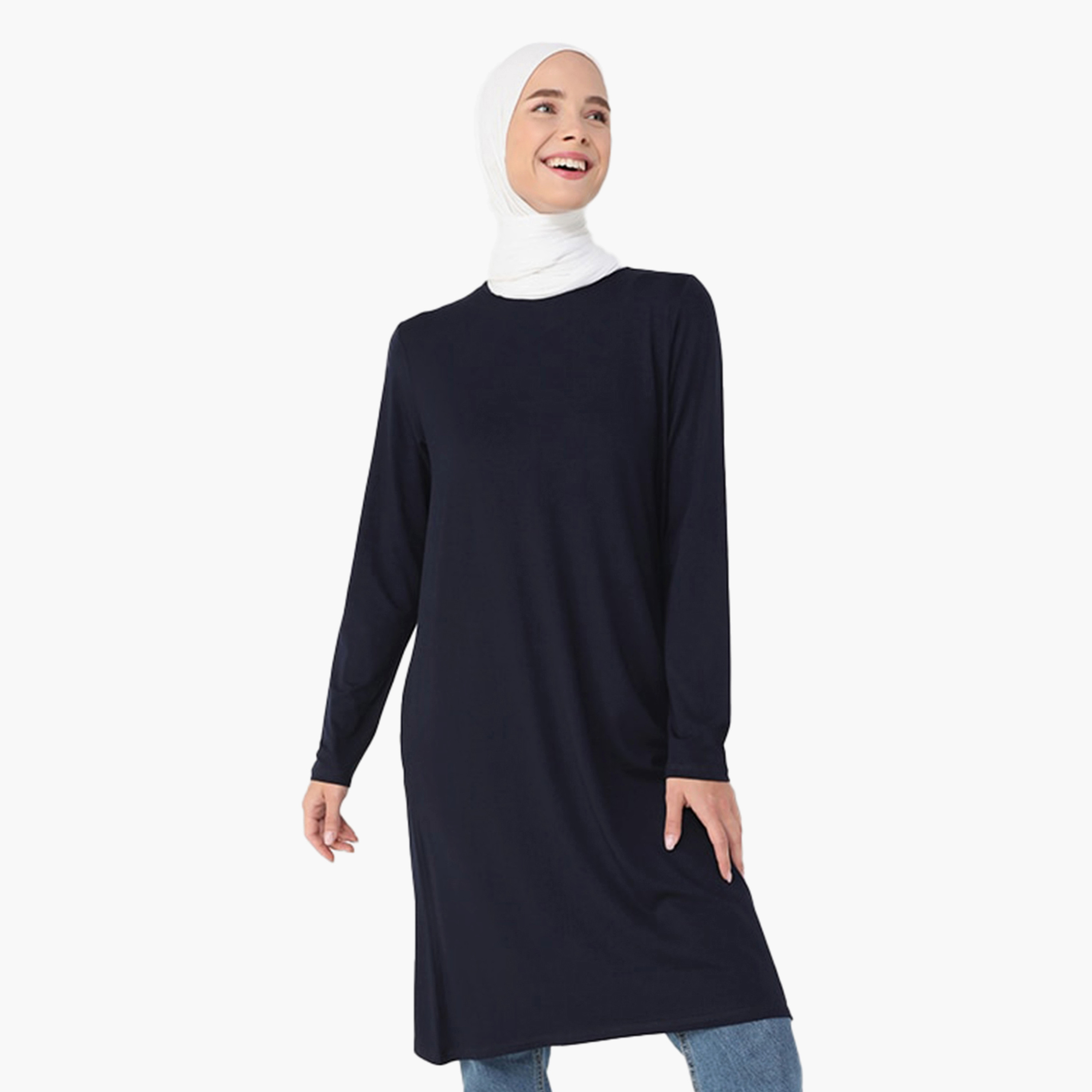 تونيك سادة بأكمام طويلة ورقبة دائرية مربوطة من مودانيسا-women-clothing-shirtsandblouses-blouses-image-1
