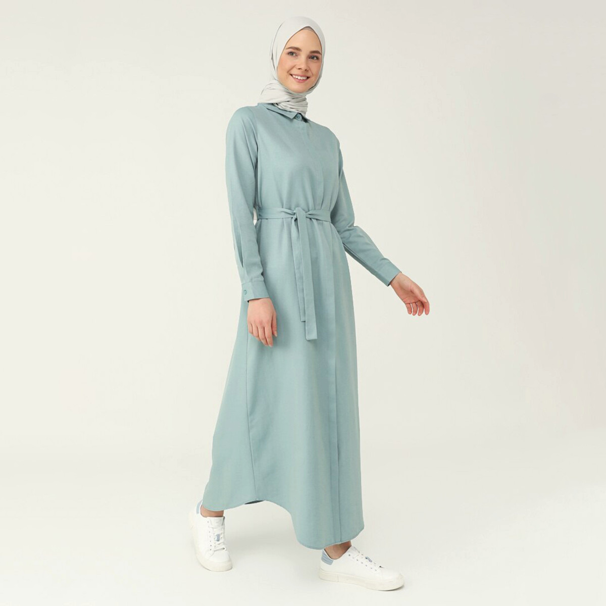 Modanisa Women Mint Plain Tie Belt Shirt Dress with Hidden Button Placket-women-clothing-dresses-image-1
