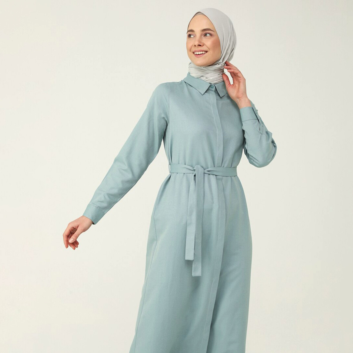 Modanisa Women Mint Plain Tie Belt Shirt Dress with Hidden Button Placket-women-clothing-dresses-image-2