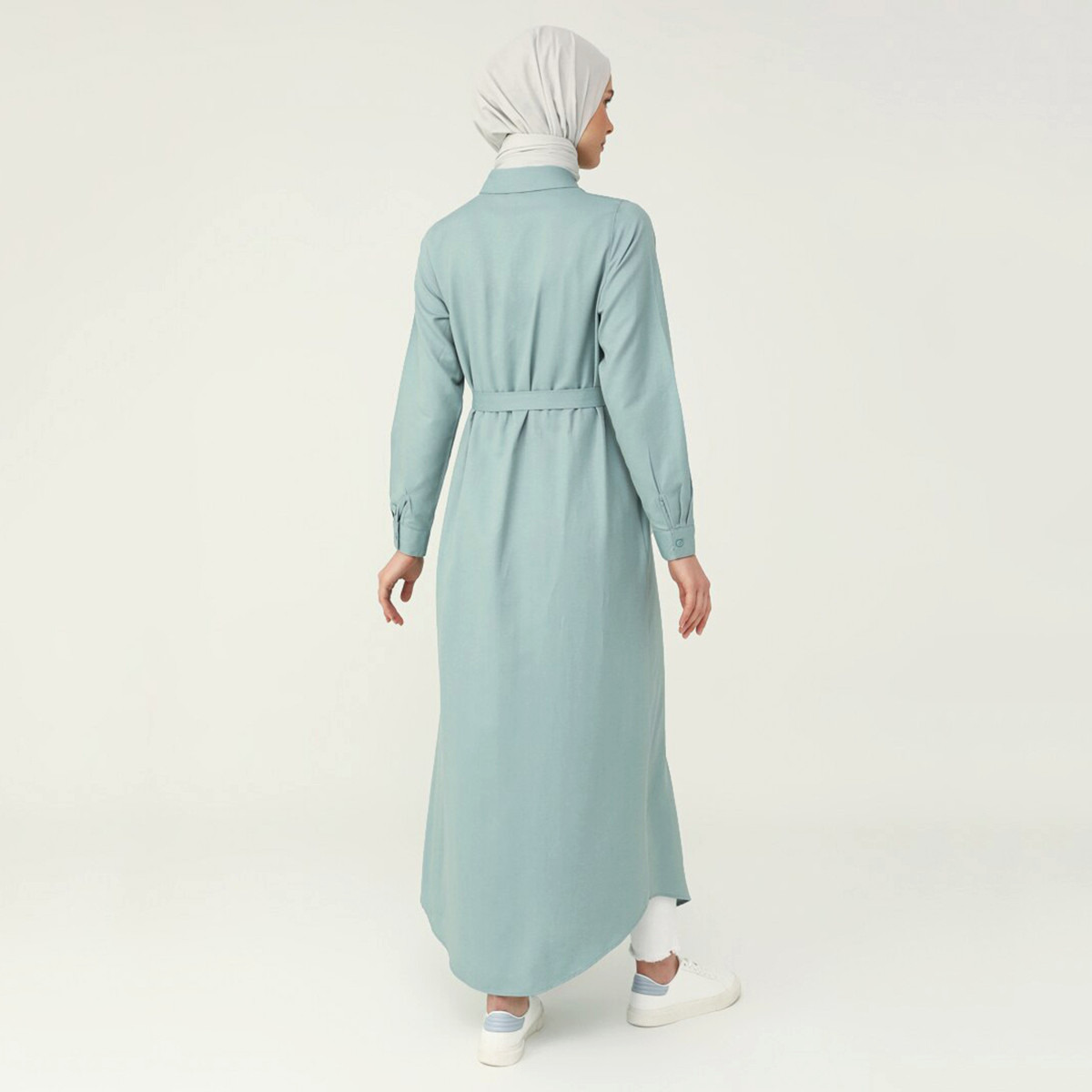 Modanisa Women Mint Plain Tie Belt Shirt Dress with Hidden Button Placket-women-clothing-dresses-image-4