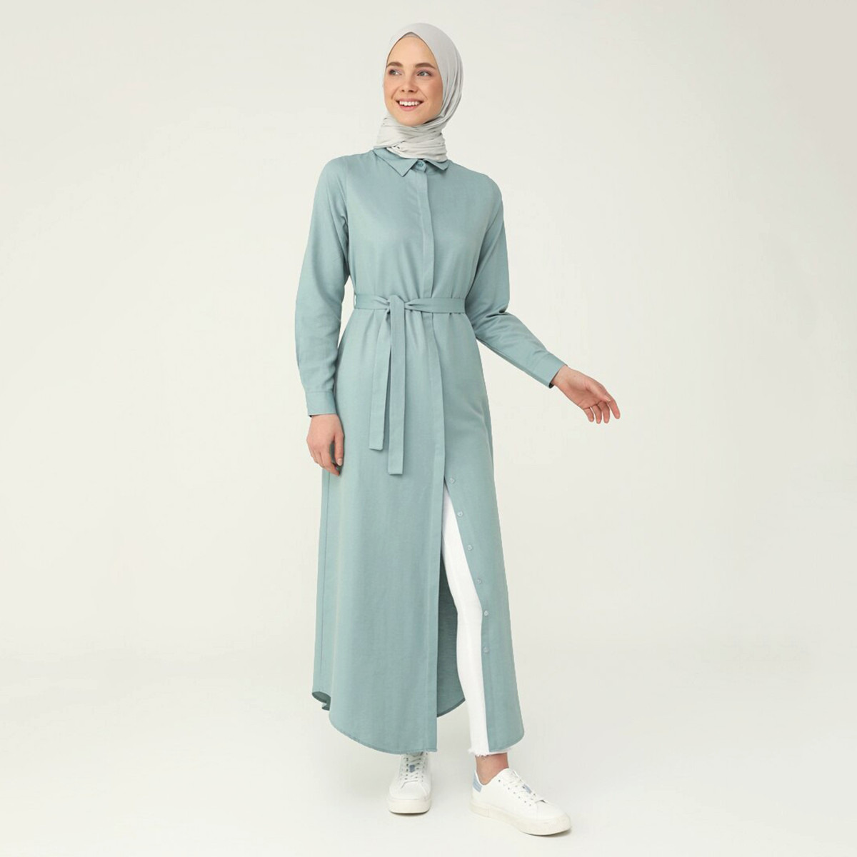 Modanisa Women Mint Plain Tie Belt Shirt Dress with Hidden Button Placket-women-clothing-dresses-image-5