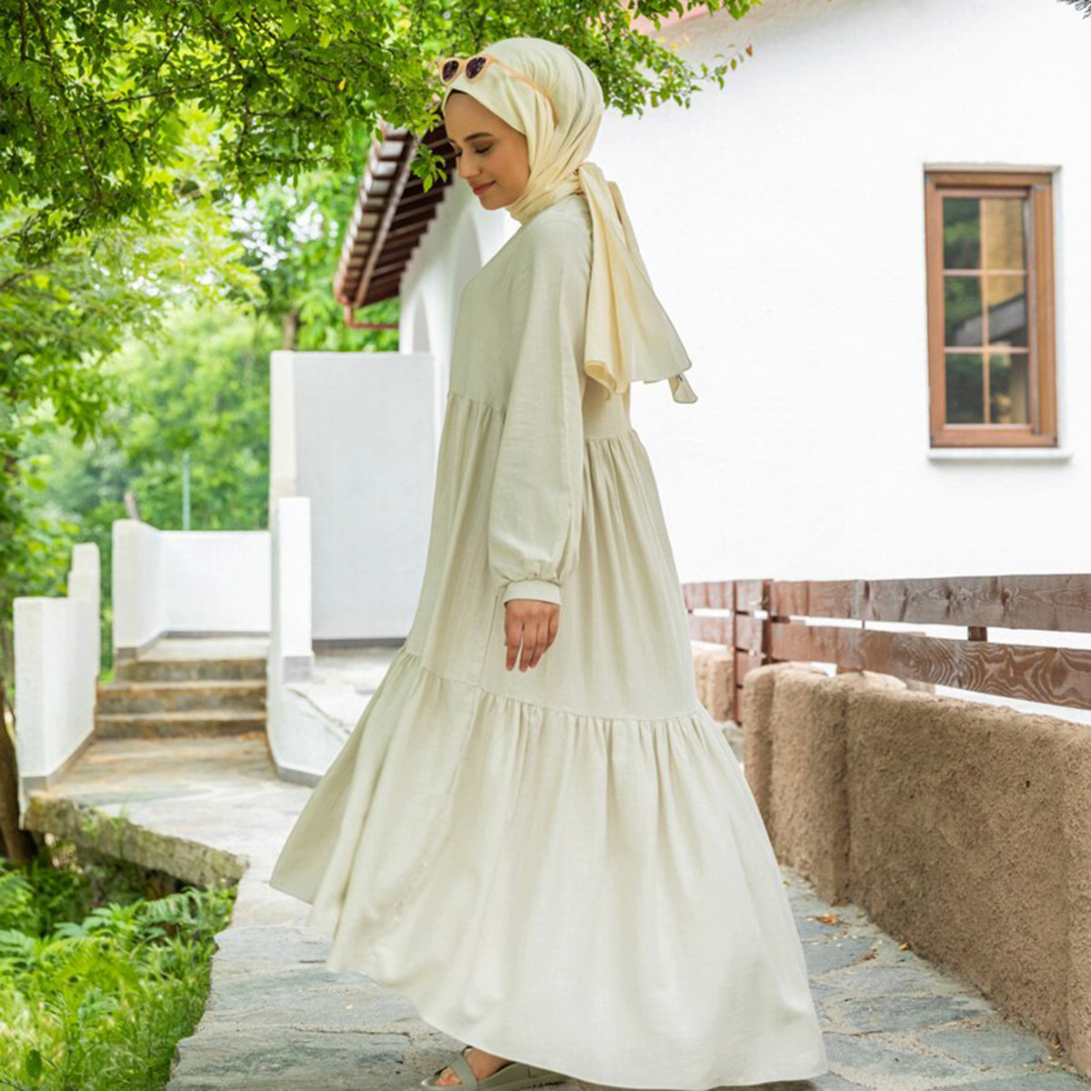  فستان ماكسي نسائي من مودانيسا بلون بيج سادة بسحاب خلفي وياقة عالية-women-clothing-dresses-image-5