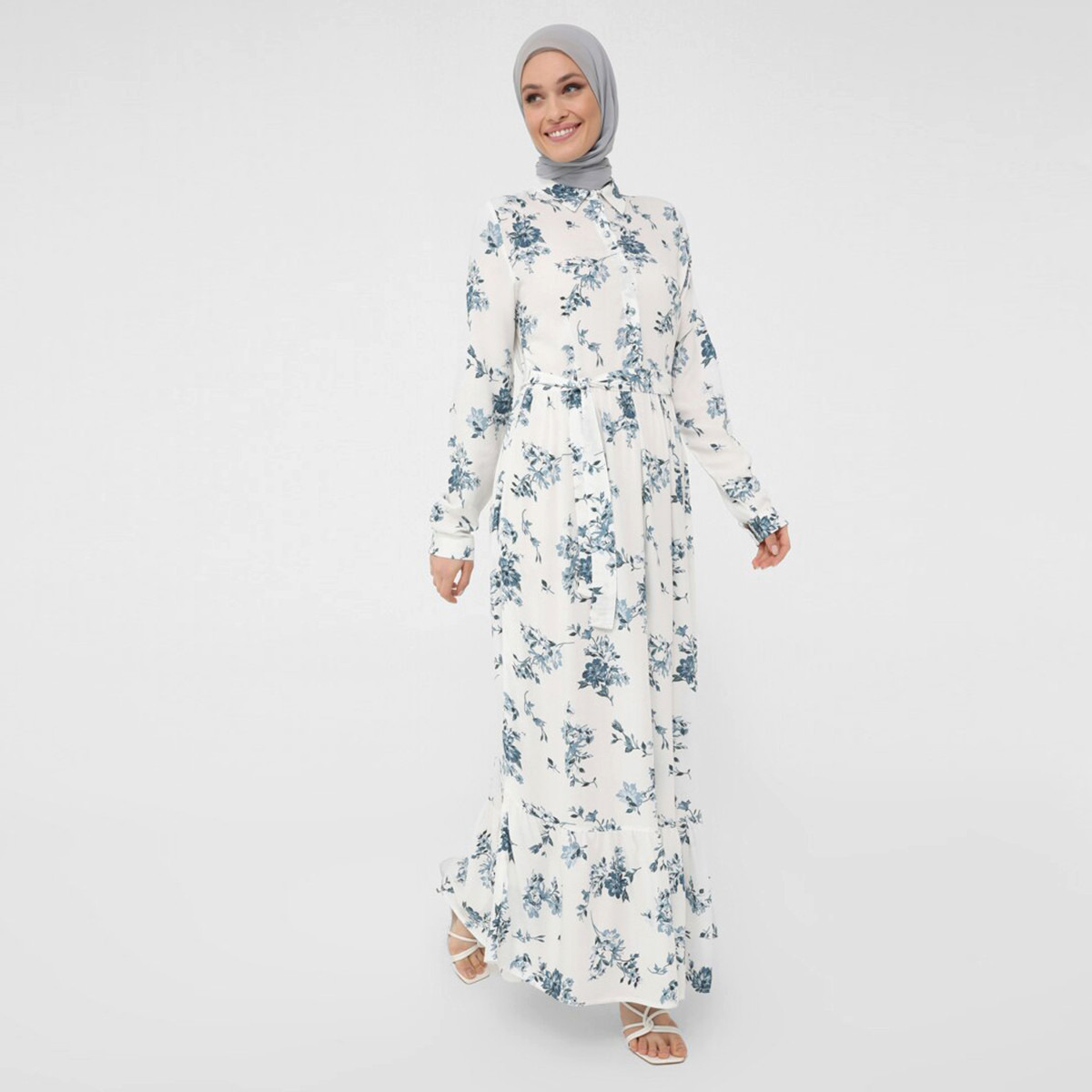 Women Floral Button Closure Collared Maxi Dress Refka By Modanisa-women-clothing-dresses-image-1