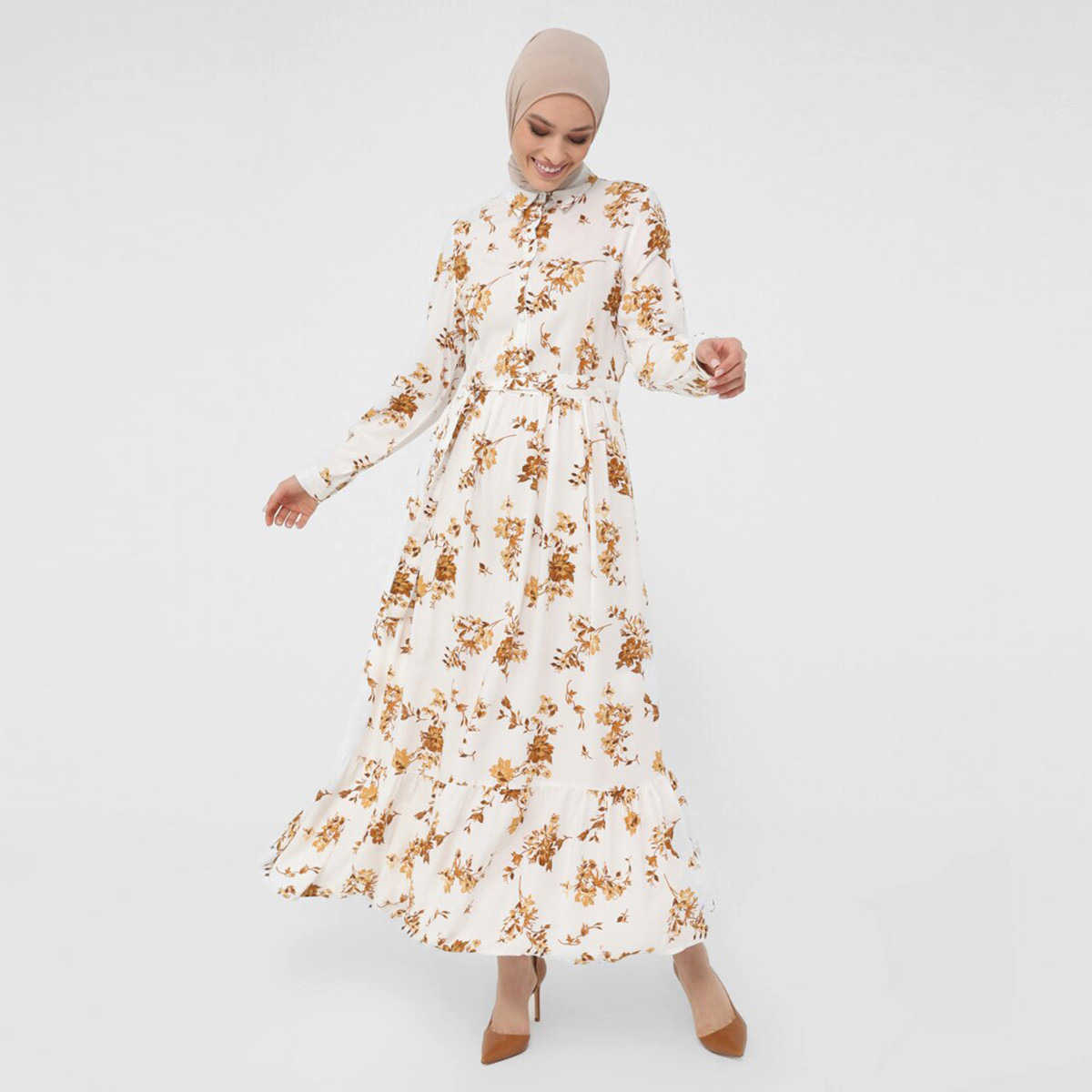 Women Floral Button Closure Collared Maxi Dress Refka By Modanisa-women-clothing-dresses-image-2