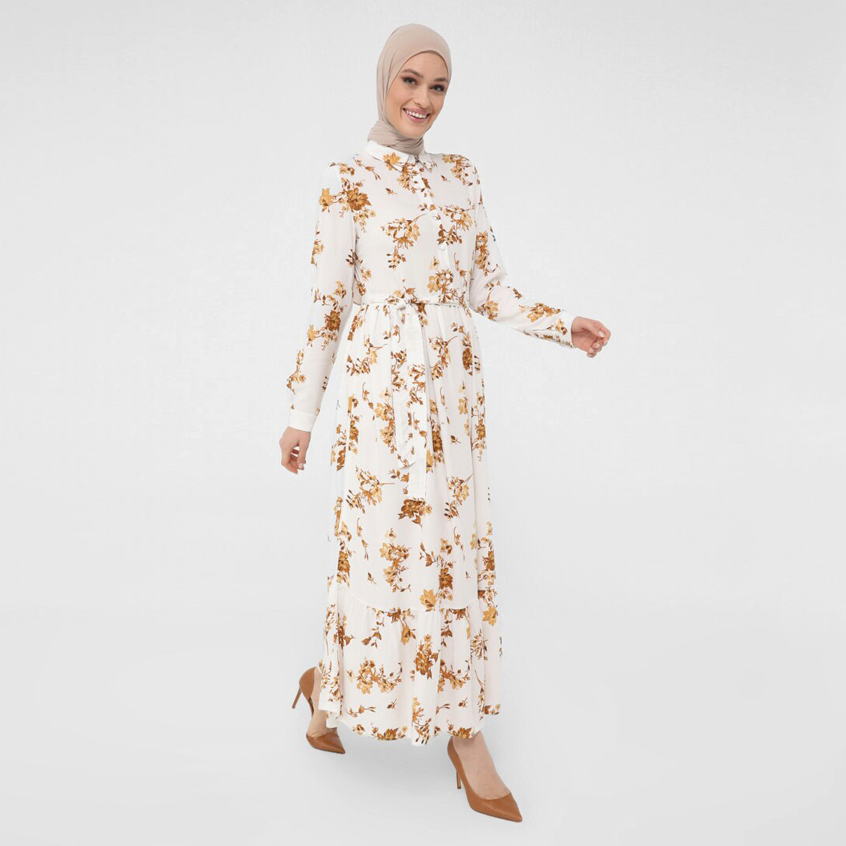 Women Floral Button Closure Collared Maxi Dress Refka By Modanisa-women-clothing-dresses-image-3