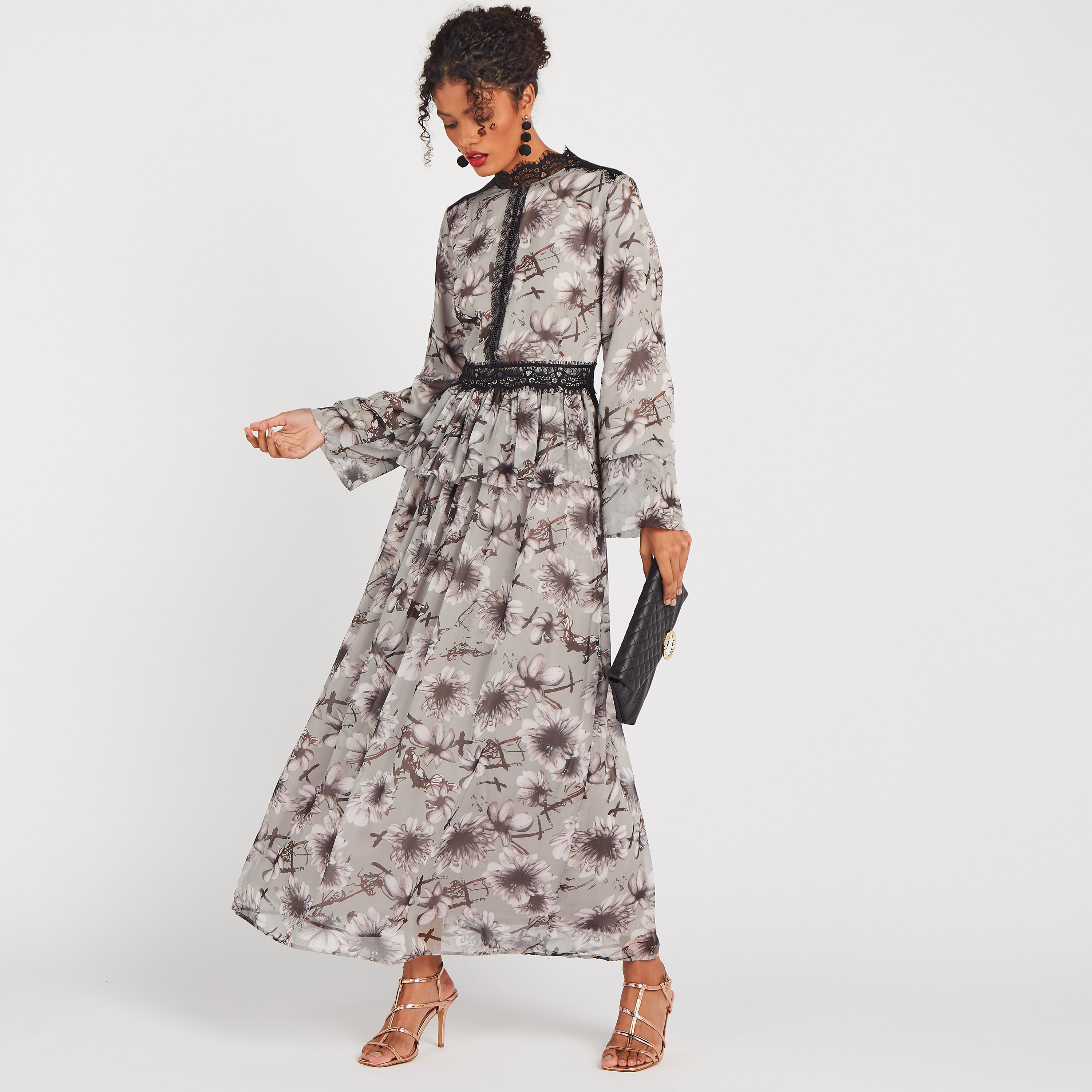فستان ماكسي إيه لاين بأكمام طويلة وتفاصيل دانتيل وطبعات زهرية من أنوتاه-women-clothing-dresses-image-1
