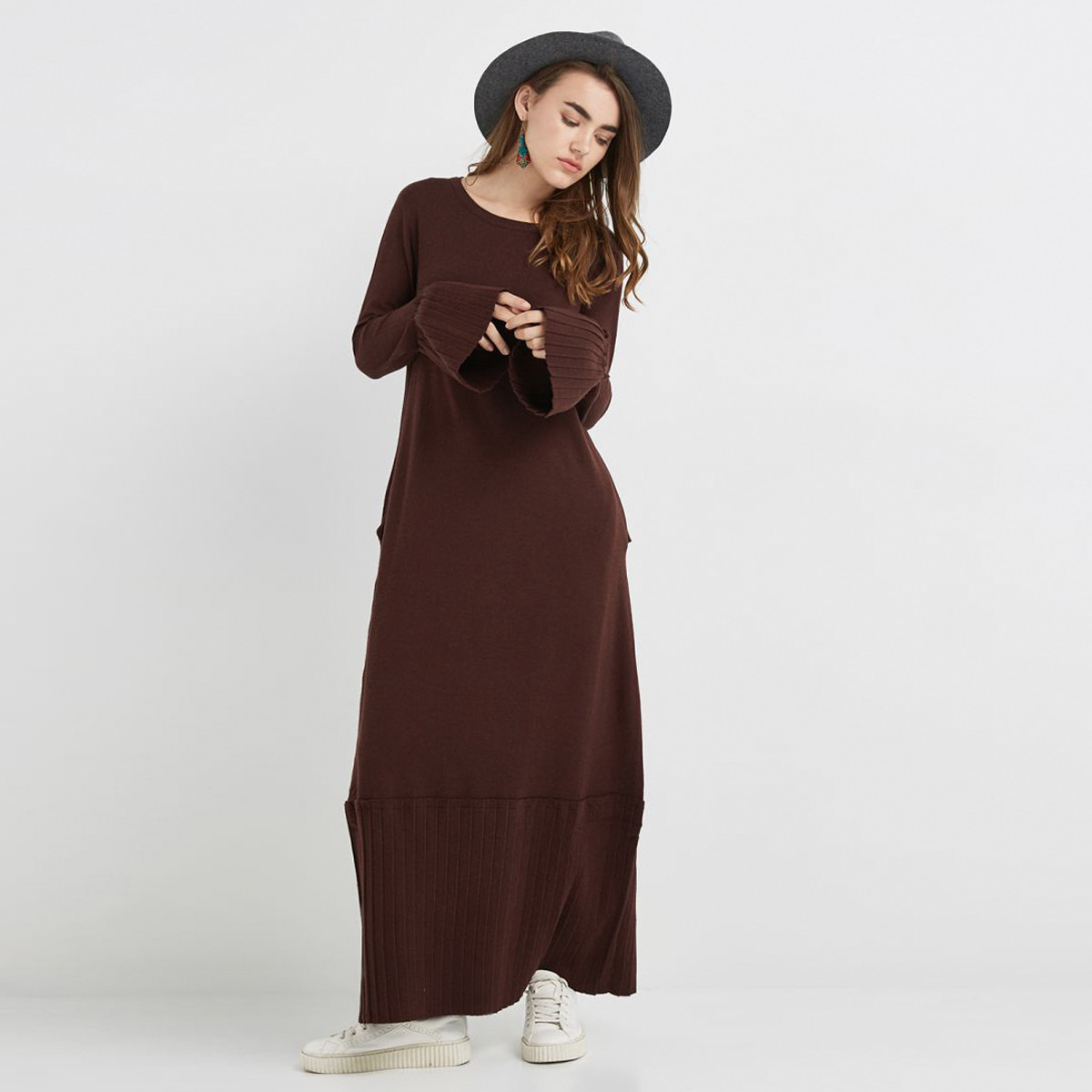 فستان طويل سادة بياقة مستديرة وأكمام طويلة من أنوتاه-women-clothing-dresses-image-1