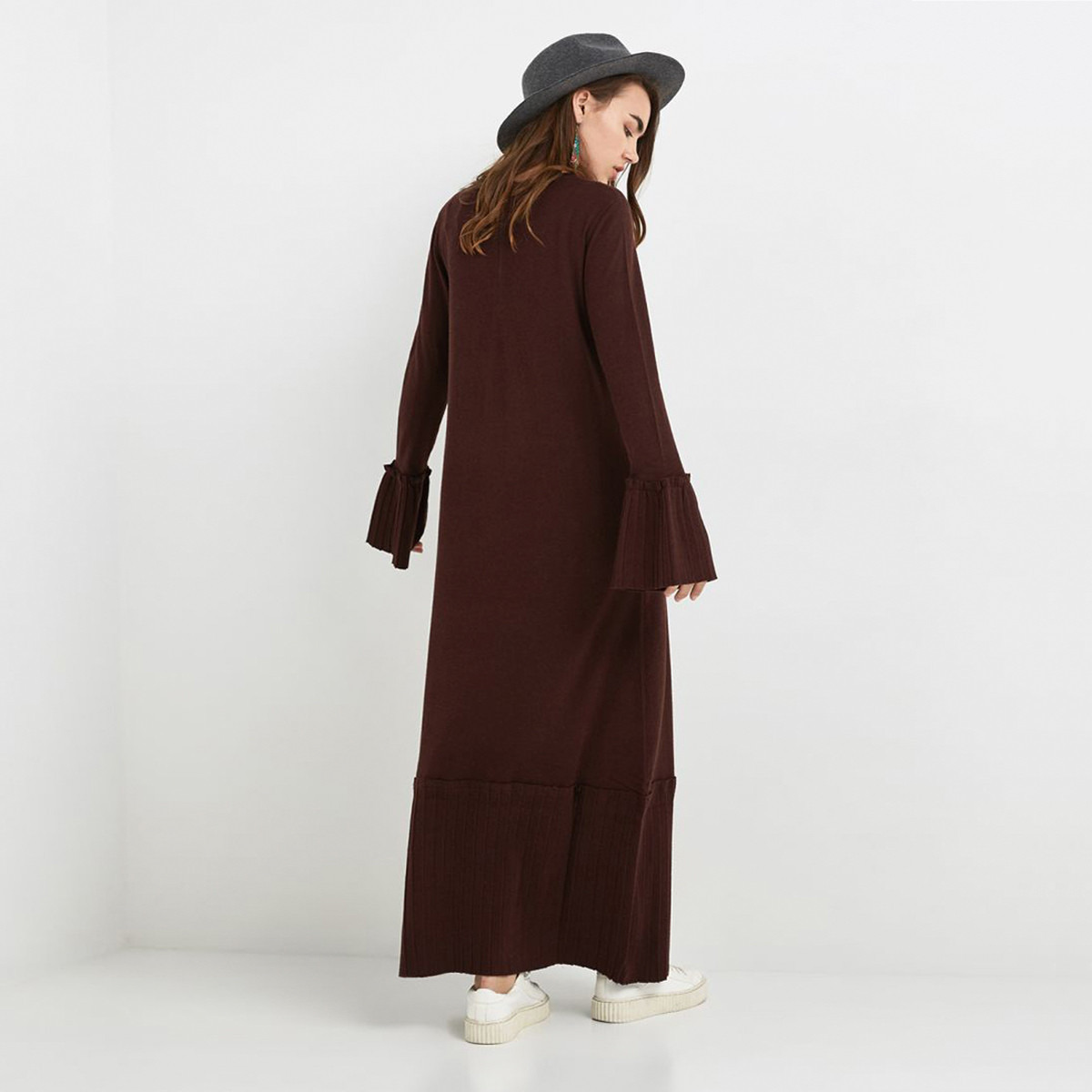 Anotah Round Neck Solid Maxi Dress with Long Sleeves-women-clothing-dresses-image-3